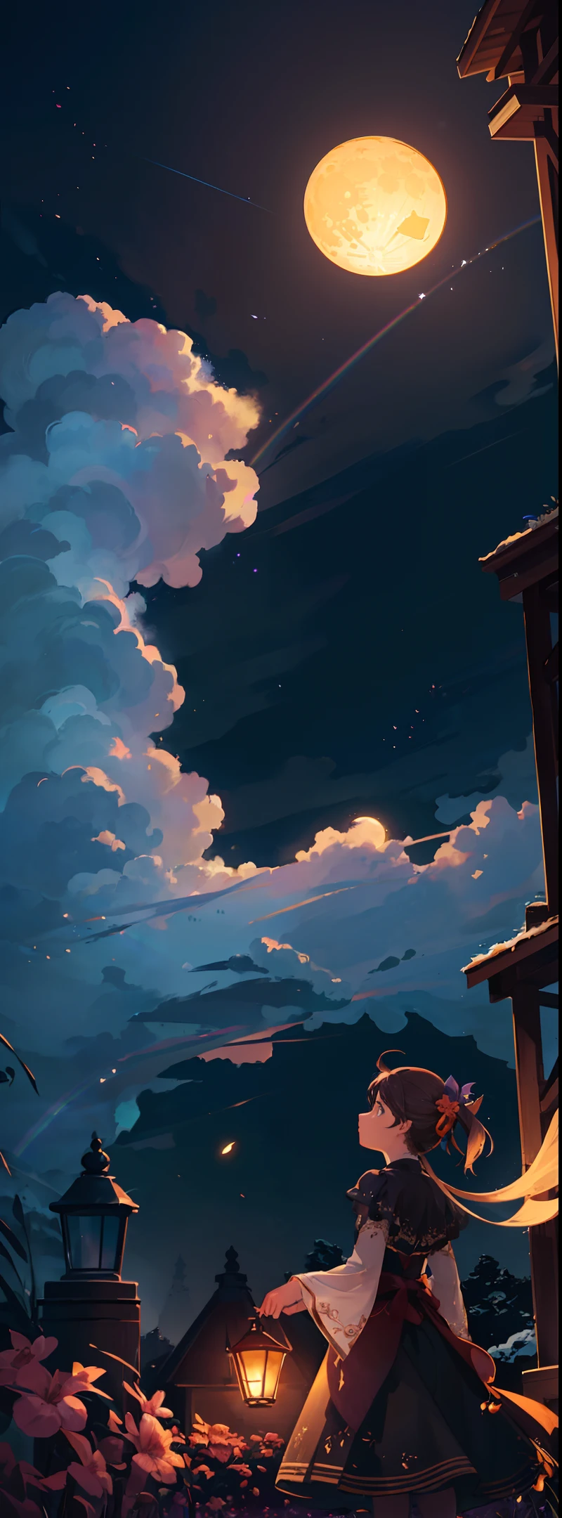 A wide landscape photo, (viewed from below, the sky is above, and the open field is below), a girl standing on a flower field looking up, (full moon: 1.2), (meteor: 0.9), (nebula: 1.3), distant mountains , Trees BREAK Crafting Art, (Warm Light: 1.2), (Firefly: 1.2), Lights, Lots of Purple and Orange, Intricate Details, Volumetric Lighting BREAK (Masterpiece: 1.2), (Best Quality), 4k, Ultra Detailed, (Dynamic Composition: 1.4), Rich in Detail and Color, (Rainbow Color: 1.2), (Glow, Atmospheric Lighting), Dreamy, Magical, (Solo: 1.2)