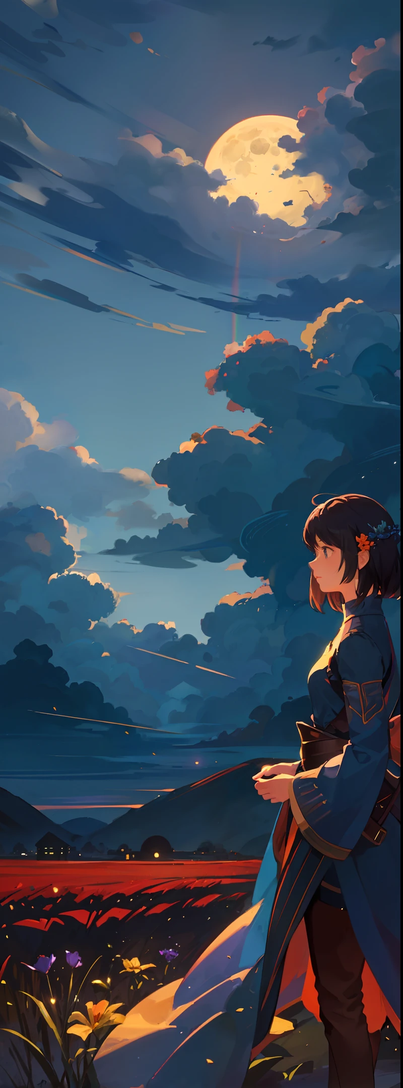 A wide landscape photo, (viewed from below, the sky is above, and the open field is below), a girl standing on a flower field looking up, (full moon: 1.2), (meteor: 0.9), (nebula: 1.3), distant mountains , Trees BREAK Crafting Art, (Warm Light: 1.2), (Firefly: 1.2), Lights, Lots of Purple and Orange, Intricate Details, Volumetric Lighting BREAK (Masterpiece: 1.2), (Best Quality), 4k, Ultra Detailed, (Dynamic Composition: 1.4), Rich in Detail and Color, (Rainbow Color: 1.2), (Glow, Atmospheric Lighting), Dreamy, Magical, (Solo: 1.2)