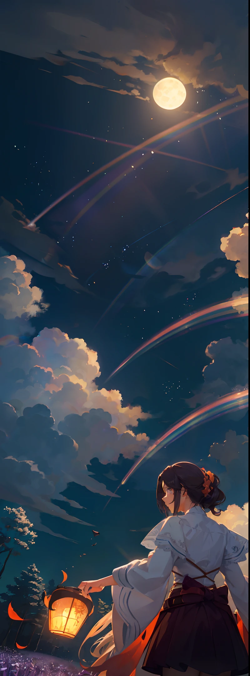 A wide landscape photo, (viewed from below, the sky is above, and the open field is below), a girl standing on a flower field looking up, (full moon: 1.2), (meteor: 0.9), (nebula: 1.3), distant mountains , Trees BREAK Crafting Art, (Warm Light: 1.2), (Firefly: 1.2), Lights, Lots of Purple and Orange, Intricate Details, Volumetric Lighting BREAK (Masterpiece: 1.2), (Best Quality), 4k, Ultra Detailed, (Dynamic Composition: 1.4), Rich in Detail and Color, (Rainbow Color: 1.2), (Glow, Atmospheric Lighting), Dreamy, Magical, (Solo: 1.2)