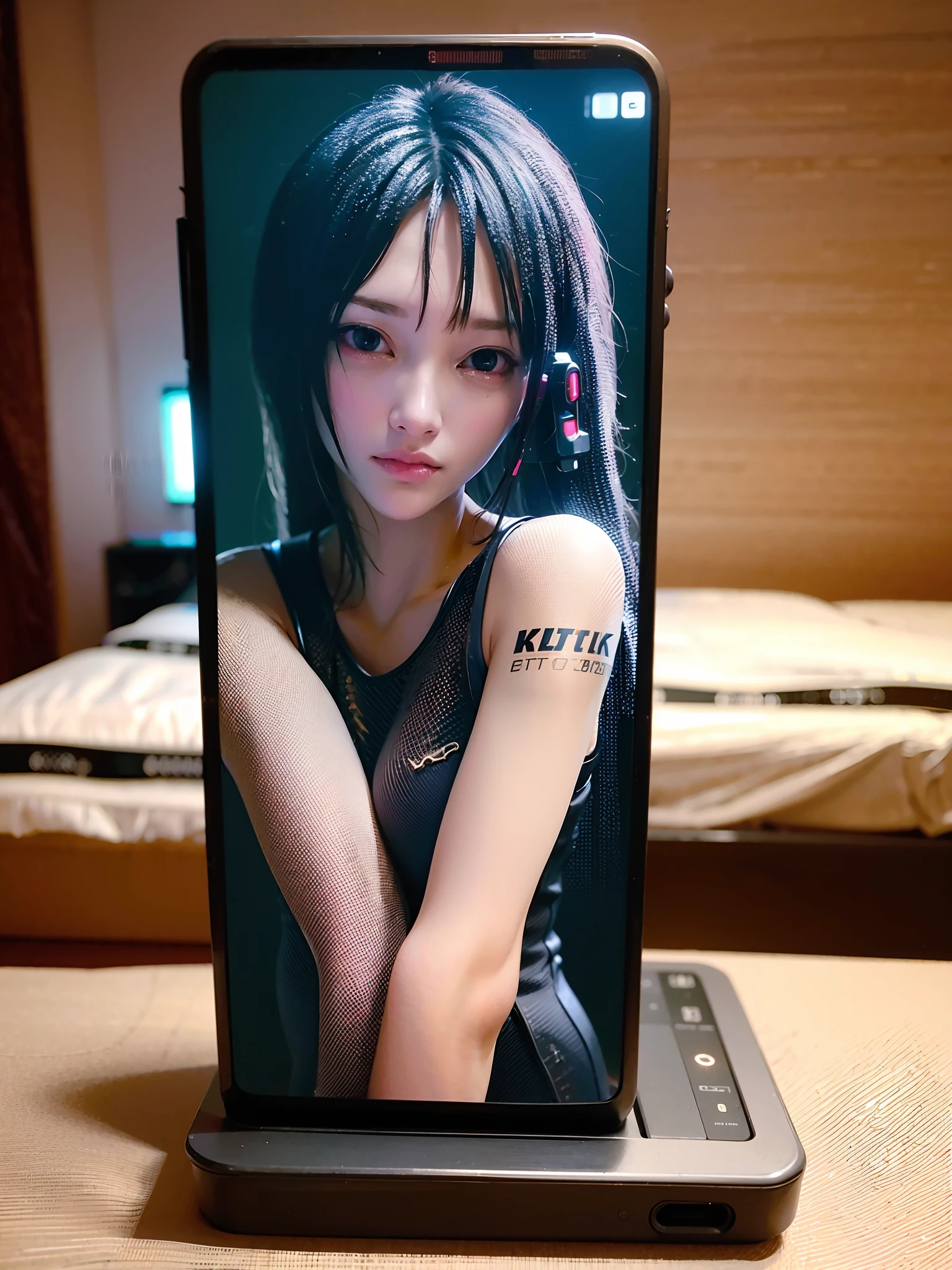 (cyberpunk:1.4), (photorealistic:1.4), (best quality:1.0), (ultra highres:1.0), 8k, RAW photo, (masterpiece:0.2), ultra-detailed, 1girl, pale skin, detailed skin, looking In the audience, on the pillow, on the bed,
