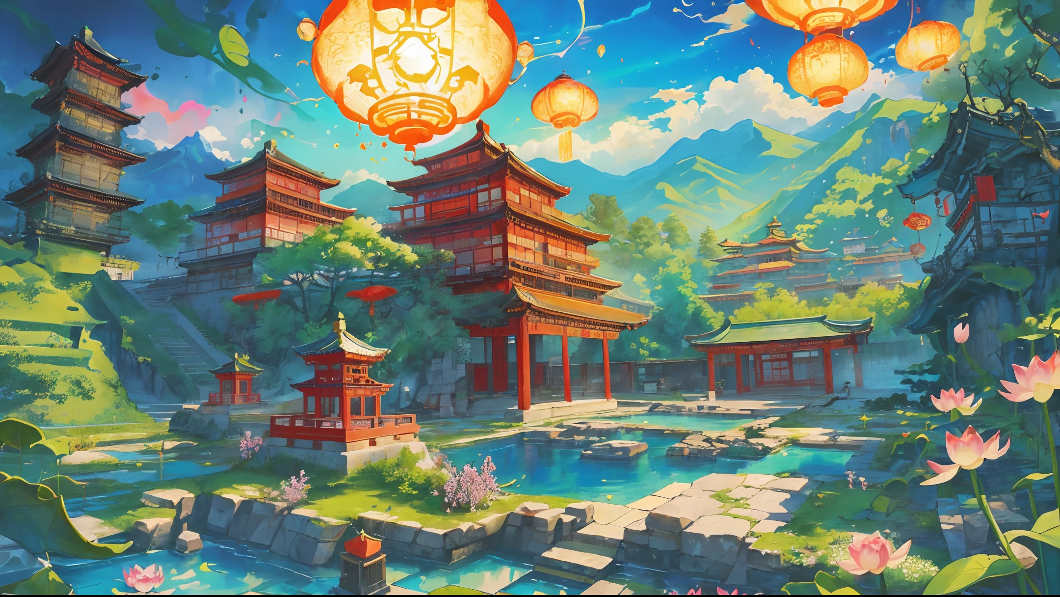 The game scene, ancient Chinese palaces are located above the clouds, Tianchi, lotus, clouds, majestic, glazed tiles, Buddha statues, colorful rays of light, gorgeous colors, ((color ink)),((splash ink)), ((splash ink) ink } ) ), masterpiece, high quality, nice graphics, high detail