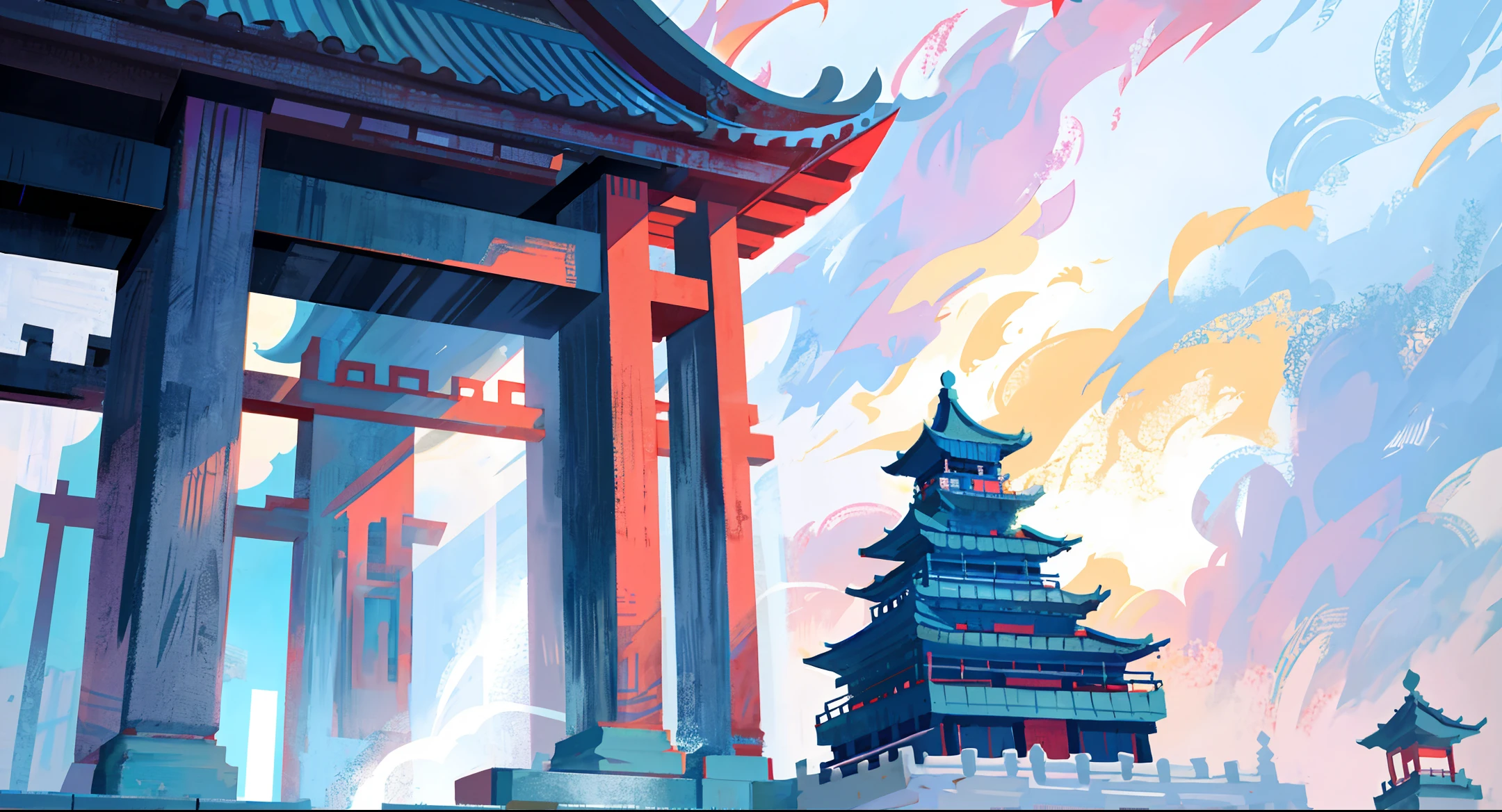 Ancient Chinese Heavenly Palace, surrounded by clouds and mist, no one, Zen, majestic, {{{{{illustration}}}}}, {{color ink painting}}, {{splashing ink}}, {{splashing ink} } , {{{{ { Colorful}} }, {{sketch}}, masterpiece, high quality, beautifully drawn and detailed