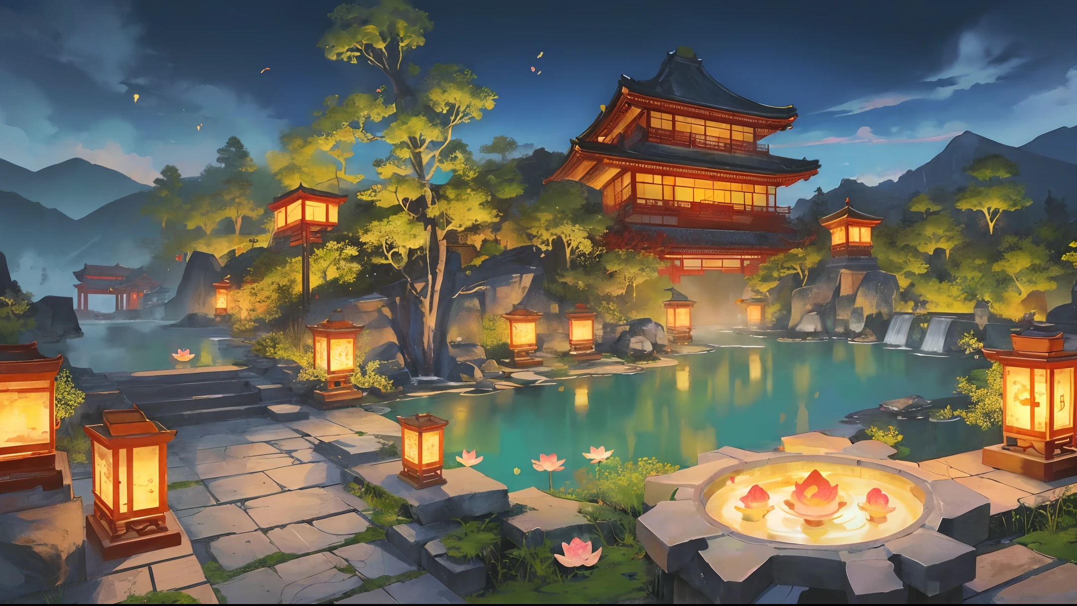 The game scene, the ancient Chinese palace is located above the clouds, misty, majestic, glazed tiles, Buddha statues, lanterns, brilliant colors, hot springs, lotus, water vapor ((color ink)), ((splash ink)), ((splash ink ) ink } )), masterpiece, high quality, beautiful graphics, high detail