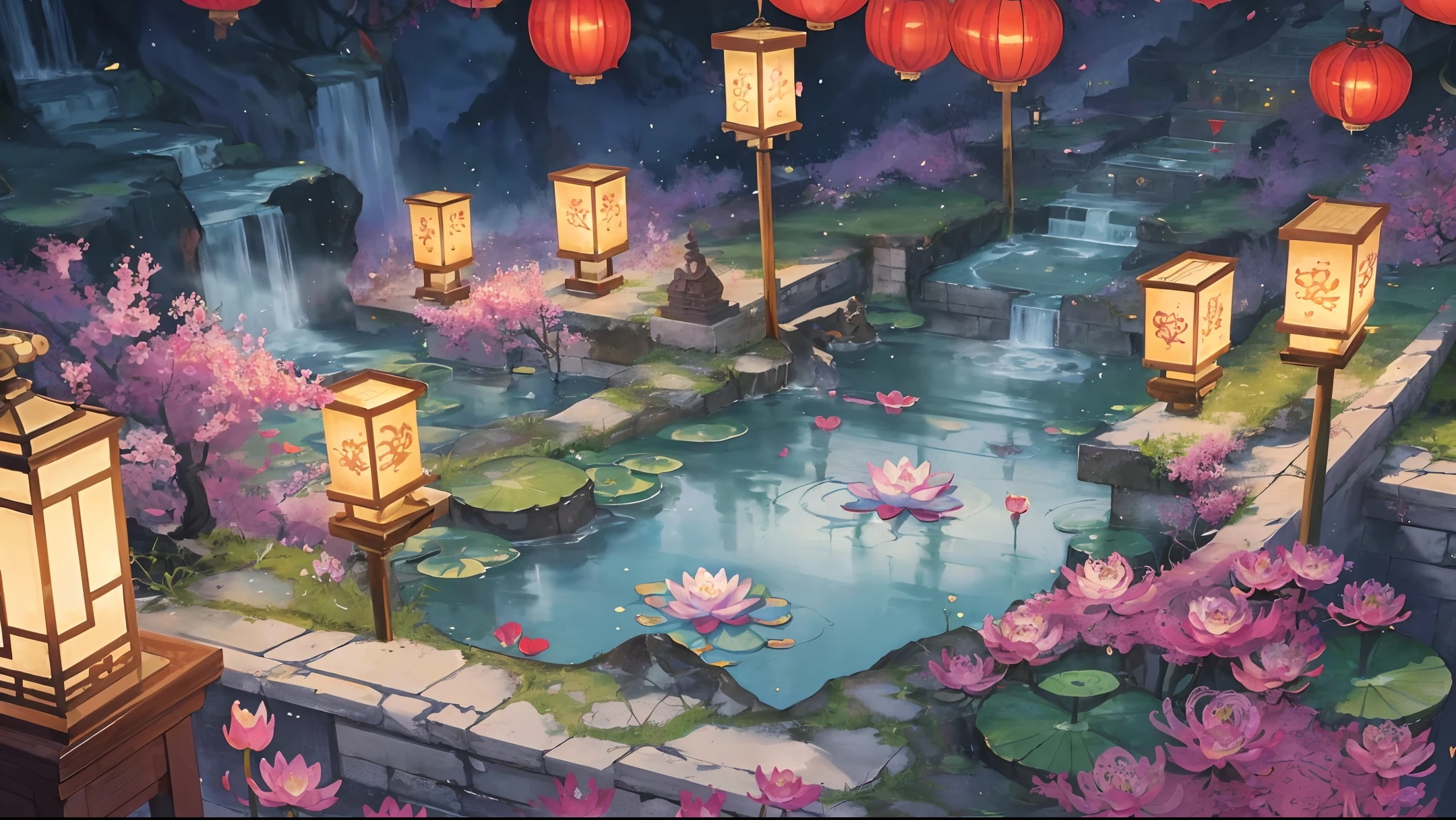 The game scene, the ancient Chinese palace is located above the clouds, misty, majestic, glazed tiles, Buddha statues, lanterns, brilliant colors, hot springs, lotus, water vapor ((color ink)), ((splash ink)), ((splash ink ) ink } )), masterpiece, high quality, beautiful graphics, high detail