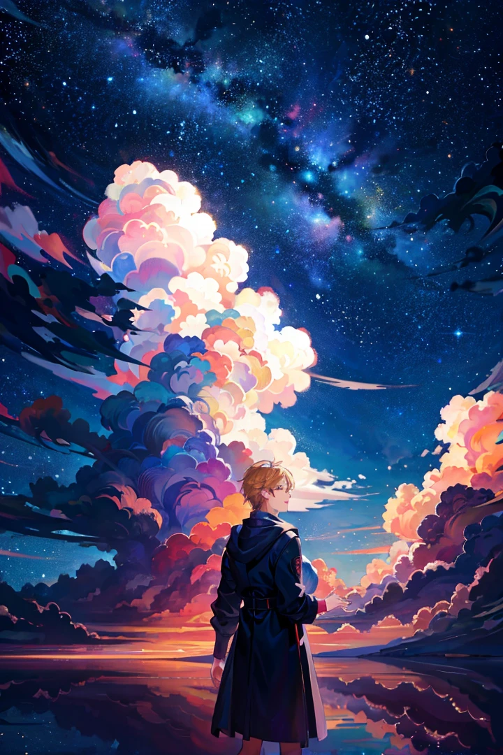 masterpiece, best quality, 1boy, clouds, starry, sky, colorful