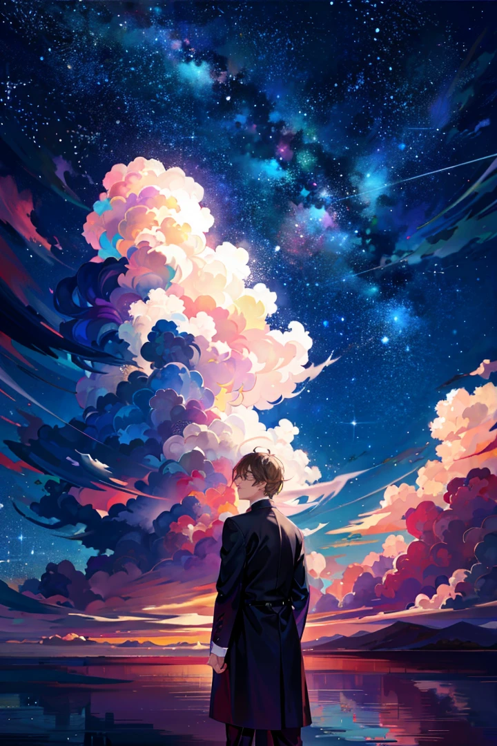 masterpiece, best quality, 1boy, clouds, starry, sky, colorful