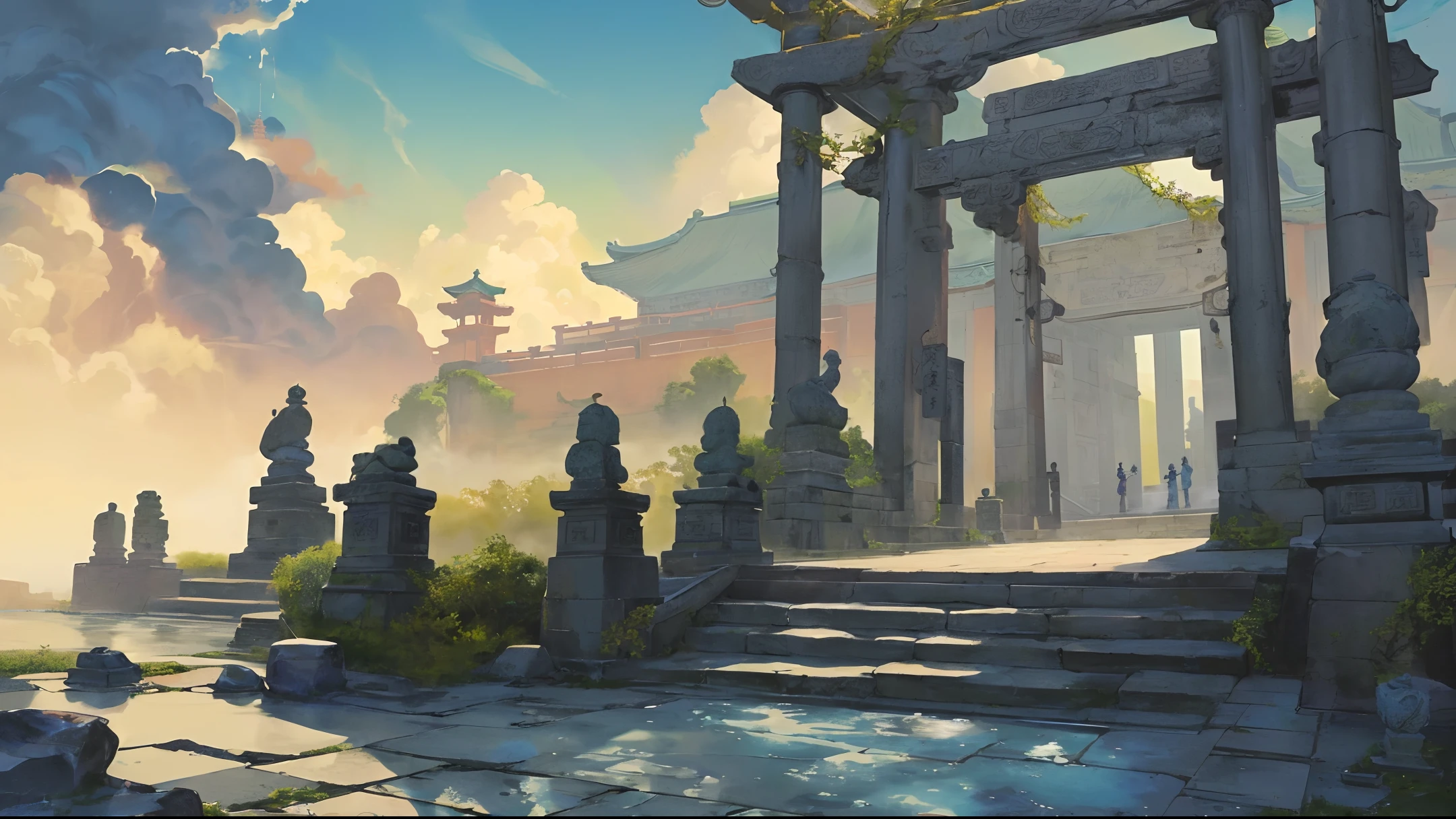 In the game scene, the gate of the archway is located above the clouds, behind the long stone steps is an ancient Chinese palace, surrounded by clouds and mist, majestic, glazed tiles, Buddha statues, lanterns, brilliant colors, long stone steps in the foreground (( Color ink)), ((splash ink)), ((splash ink) ink})), masterpiece, high quality, beautiful graphics, high detail