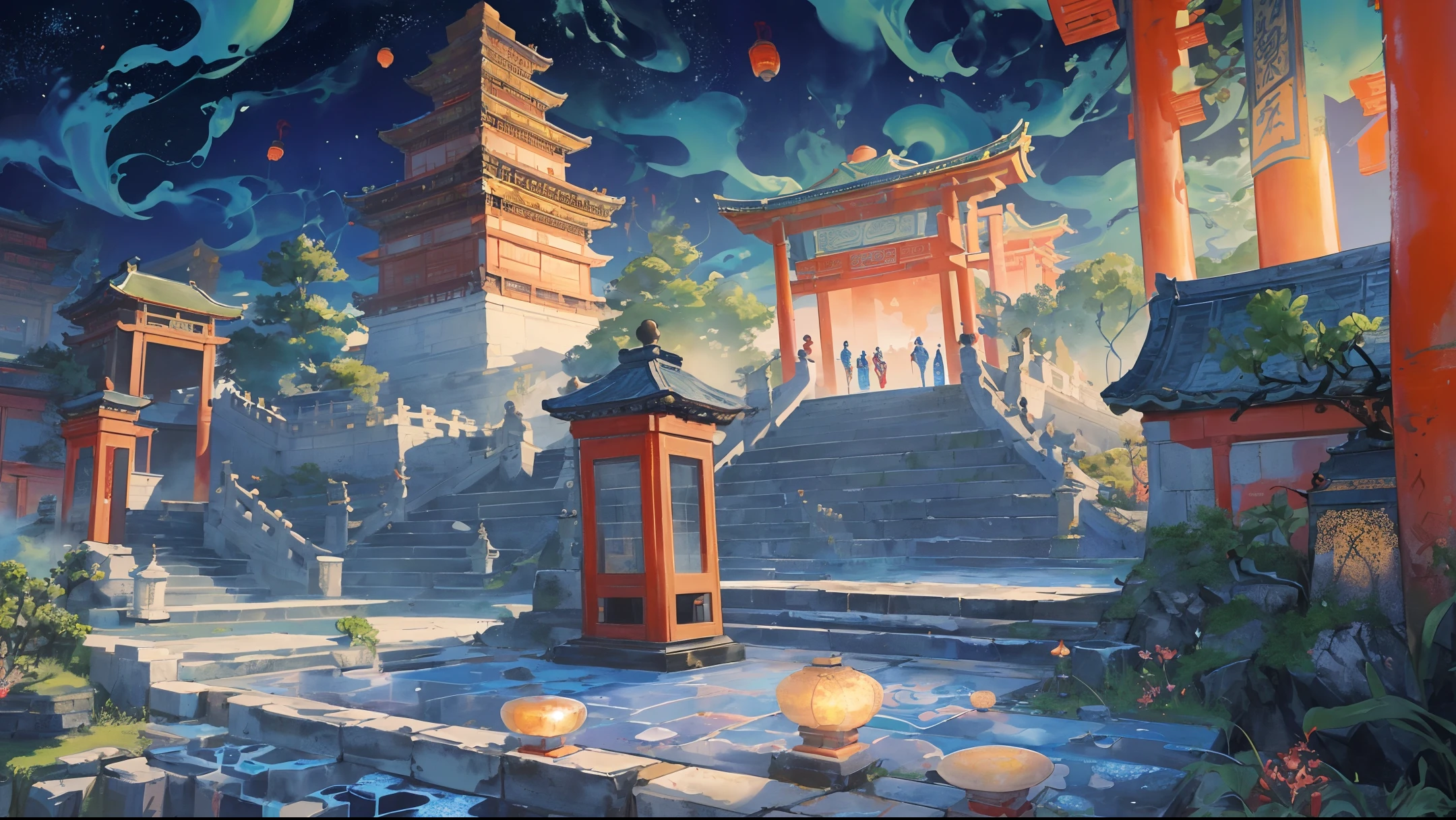 The game scene, the ancient Chinese palace is located above the clouds, surrounded by clouds and mist, majestic, glazed tiles, Buddha statues, lanterns, brilliant colors, long stone steps and archway gates in the foreground ((color ink) ), ((splash ink ) ), ((splash ink) ink})), masterpiece, high quality, beautiful graphics, high detail