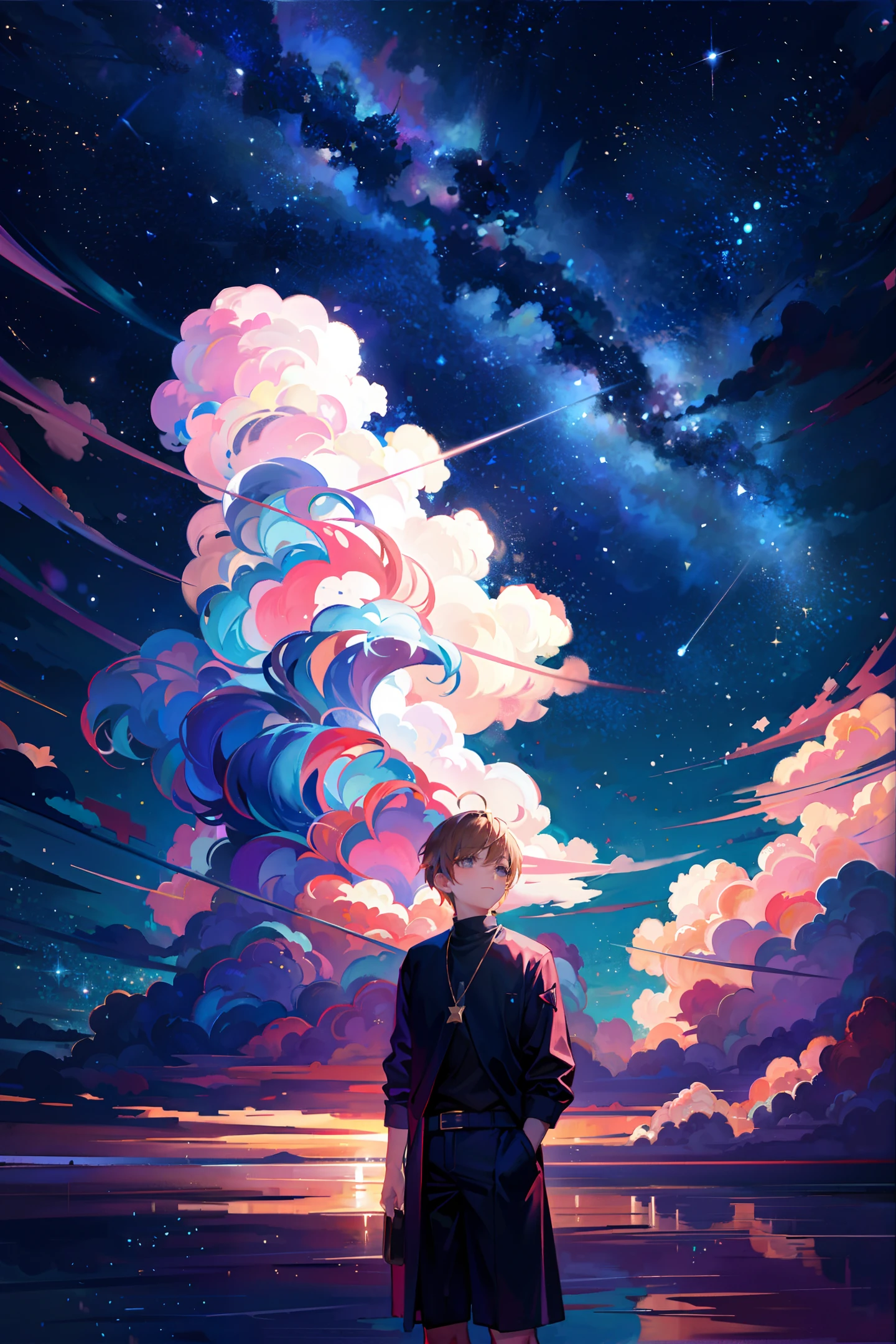 masterpiece, best quality, 1boy, clouds, starry, sky, colorful