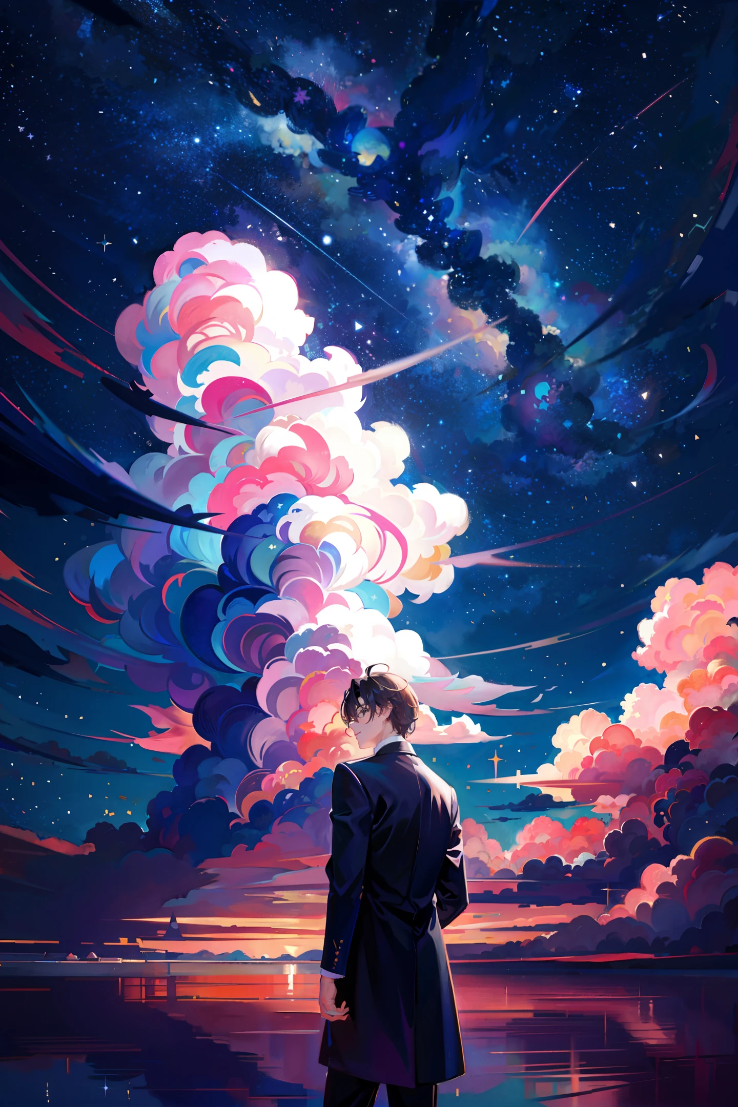 masterpiece, best quality, 1boy, clouds, starry, sky, colorful