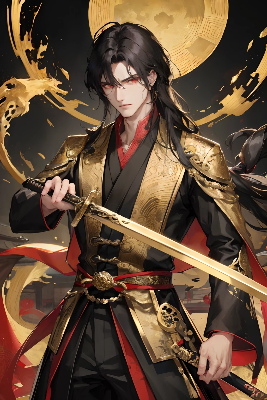 Masterpiece, best, night, full moon, 1 person, mature man, Chinese style, ancient China, white hair, red eyes, split ends, long hair, long bangs, handsome, handsome, masculine, serious, gentle, tall, calm, black and gold Clothes, golden pattern, dragon pattern, fairy, with sword