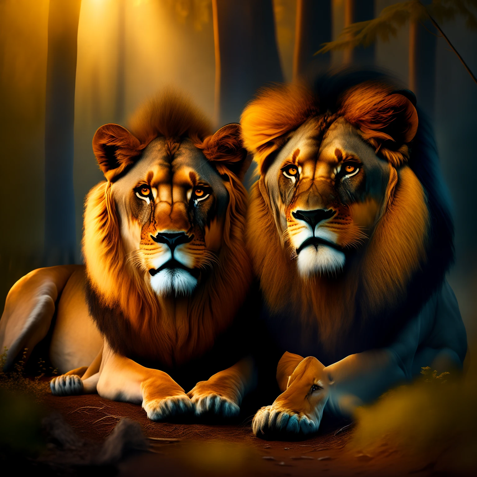 Award winning portrait of two lions on the forest floor, fluffy, backlit, epic composition