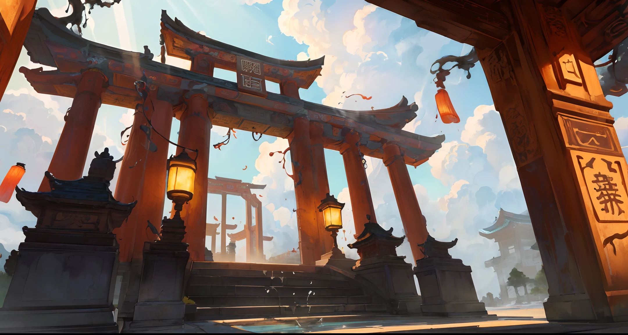 In the game scene, the majestic gate of the ancient Chinese archway is located above the clouds, and the gate says Nantianmen, (clouds and mist surround the gate), majestic, glazed tiles, Buddha statues, colorful rays of light, (( color ink)),( (splash ink)) , ((splash ink) ink) ink}) ), Masterpiece, High Quality, Beautiful Graphics, High Details