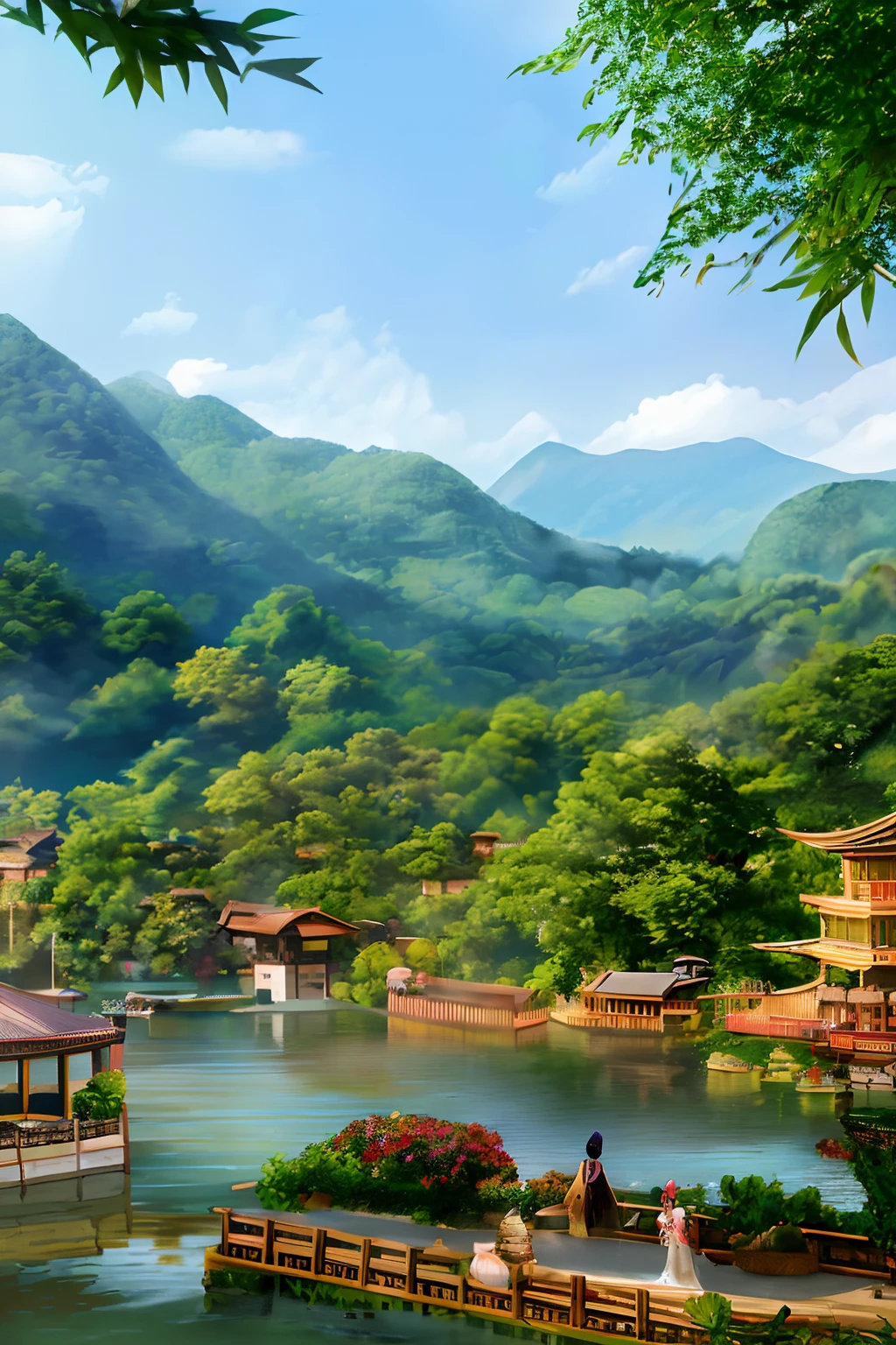 shuimobysim, girl, woman, bare shoulders, (ecchi0.5), (trees:0.5), (flowers:0.6) ,(birds:0.2), (bamboo0.1), lakes, Hangzhou, wuchangshuo, wuchangshuo in background shukezouma, Qingqingzijin, leisurely, my heart, spring, green trees, wind, ponds and waterside pavilions, beautiful women, long hair, green and elegant clothes, looking at the mountains in the distance, there are rivers and boats, waiting to return home