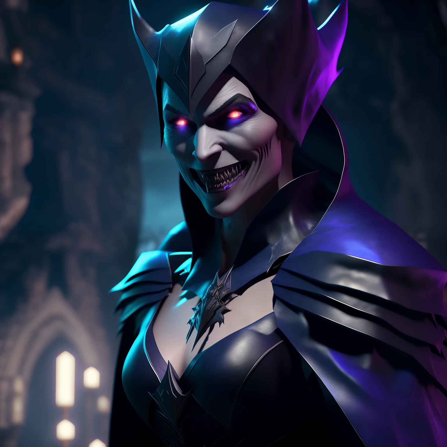 Low light, bare shadows, dark mysterious cave, magical light, mature female vampire, dark purple lips showing sharp vampire teeth, grinning, dark gray skin, glowing blue pupils, muscular, tall , pointy ears, midnight blue cape, midnightblue hood, rear gargoyle wings, alluring cleavage 8k, Unreal Engine, highly detailed, octane rendering