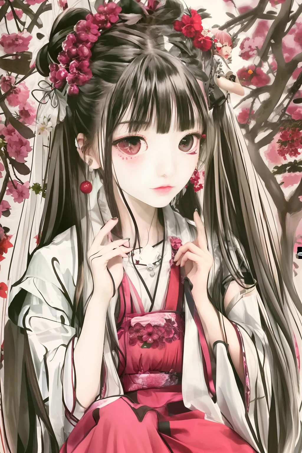 1girl,solo,Cherry blossoms,long haire, a flower in haire,shukezouma,shuimobysim,bunches,zhenbanqiao,badashanren,detailed eyes,china dress,beautiful face,medium_breasts,sare sumbers,light red lips,best quality,master,highres,birds,详细的眼睛,秋千