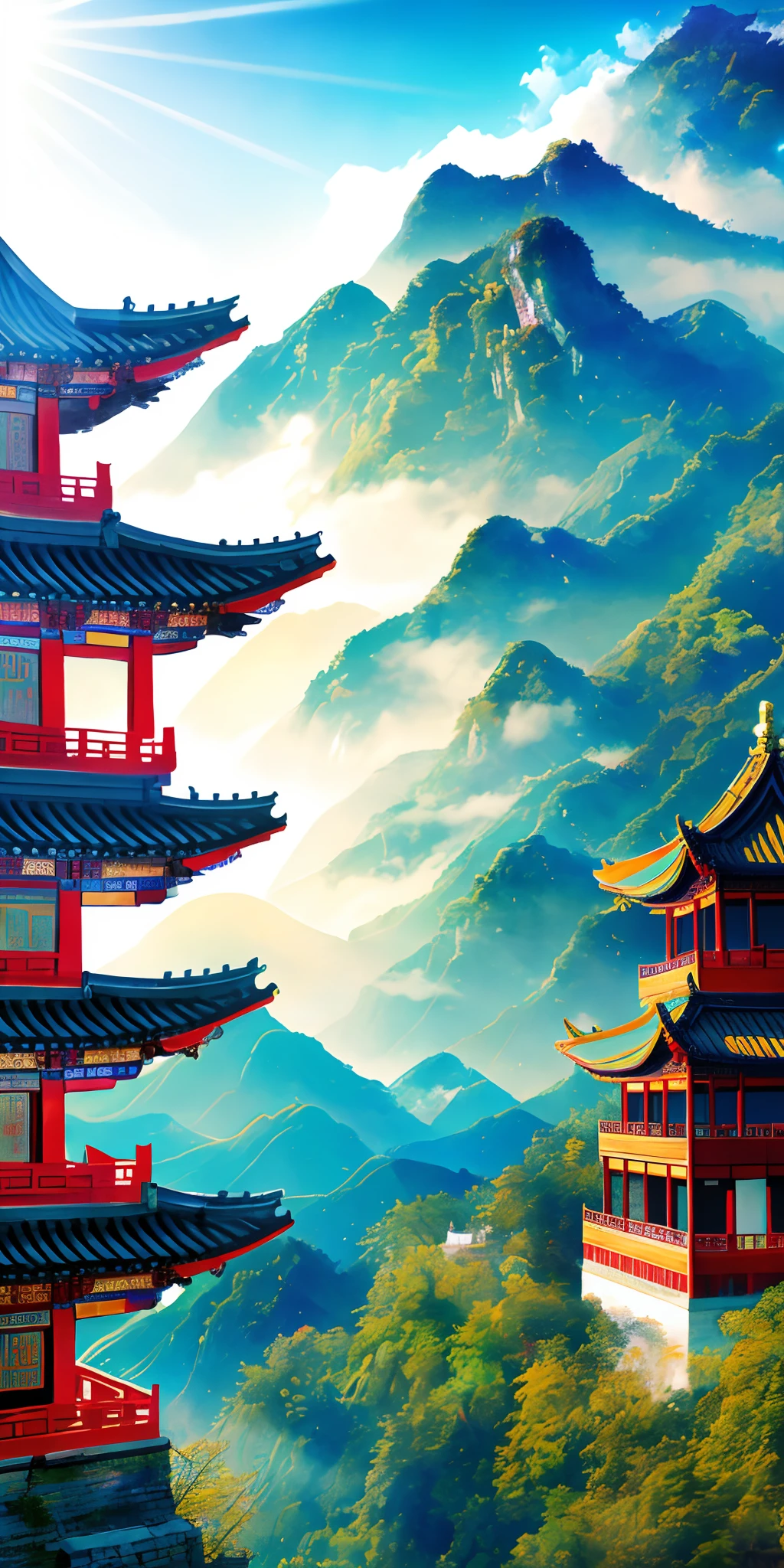 The game scene, ancient Chinese palaces are located above the clouds, Tianchi, lotus, clouds, majestic, glazed tiles, Buddha statues, colorful rays of light, gorgeous colors, ((color ink)),((splash ink)), ((splash ink) ink } ) ), masterpiece, high quality, nice graphics, high detail