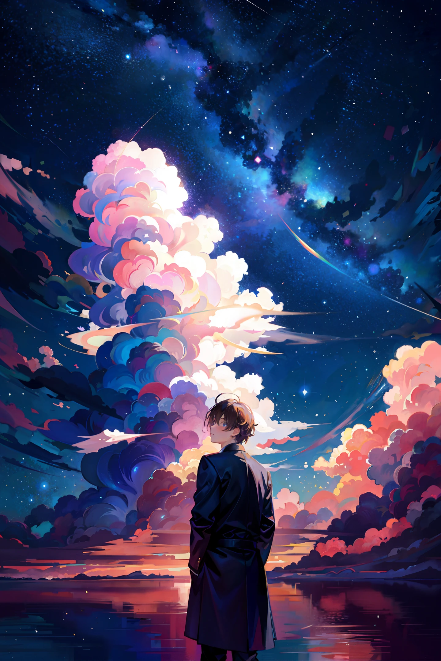 masterpiece, best quality, 1boy, clouds, starry, sky, colorful