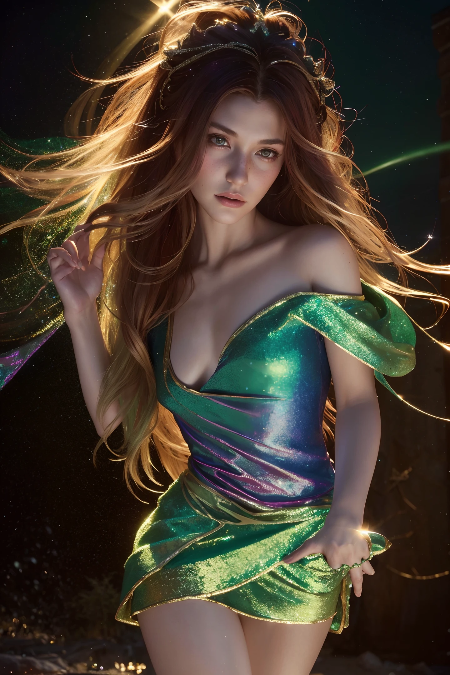 (((Realistic image))), (Full body: 1.5), (Beautiful charm)) Leprechaun of the Renaissance Festival, ((Perfectly feminine face)), (+Colorful wavy long hair), (+Sparkle glowing freckles), (glitter), iridescent, flowy skirt, intricate, 8k, highly detailed, volumetric lighting, digital painting, strong, sharp focus, (artgerm and rutkowski and alphonse mucha)), (cloth simulation), (wind), cgsociety, good anatomy, great lighting, subsurface scattering, award winning, masterpiece, (perfect skin textures), ((realistic)), (style-sylvamagic: 0.5), (nighttime), ( Dark), (Backlight), (Style-NebMagic style night sky),