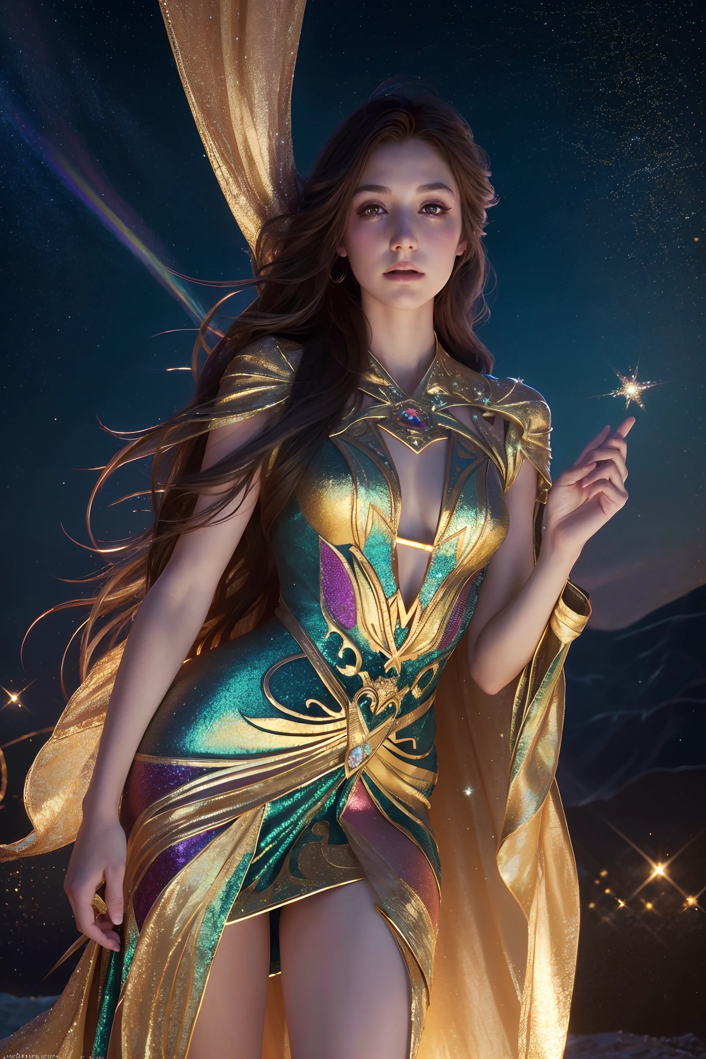 (((realistic image))), (full body: 1.5), (beautiful charm)) Fairy of the Renaissance Festival, ((perfectly feminine face)), (+colorful wavy long hair), (+Sparkle glow freckles), (glitter), iridescent, flowy dress, intricate, 8k, highly detailed, volumetric lighting, digital painting, powerful, sharp focus, (artgerm and rutkowski and alphonse mucha)), (cloth simulation), (wind ), cgsociety, good anatomy , great lighting, subsurface scattering, award winning, masterpiece, (perfect skin textures), ((realistic)), (style-sylvamagic: 0.5), (nighttime), (Dark) , ( Backlight), (Style-NebMagic style night sky),