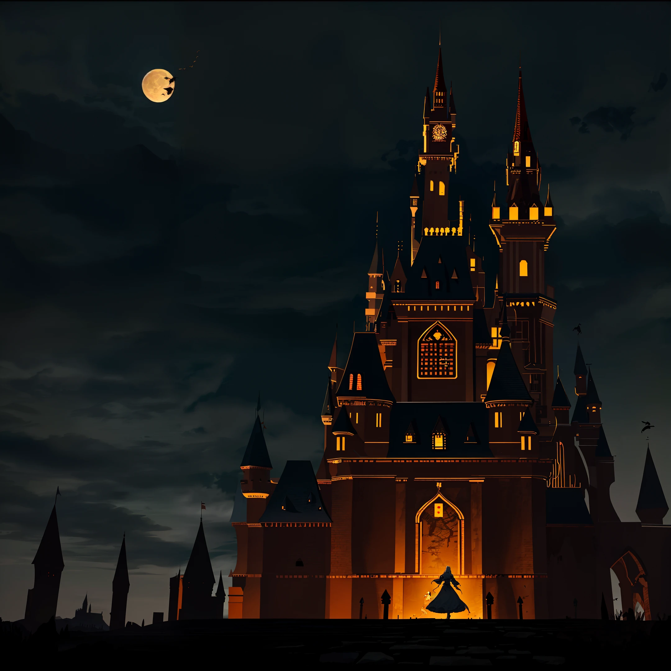 At night, a tall castle is standing floating in mid air, bloody moon, castlevania, on the ground we can see vampires