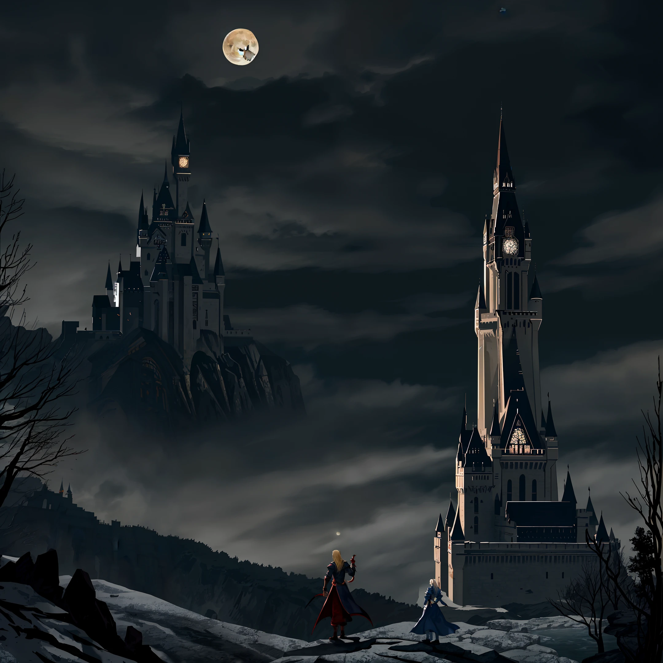 At night, a tall castle is standing floating in mid air, bloody moon, castlevania, on the ground we can see vampires
