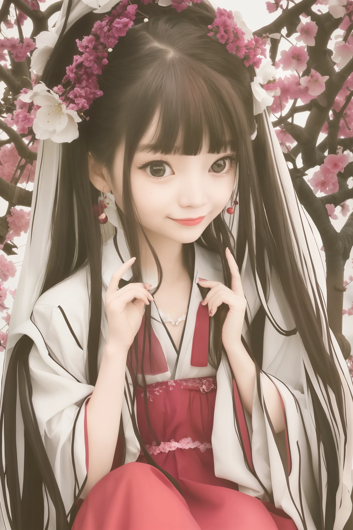 1girl solo light pink cherry blossoms, a big tree full of cherry blossoms, background of cherry blossom trees, long black hair, a bouquet of flowers, delicate eyes, white dress, beautiful woman, mid-chested veil skirt, light red lips, superb master, high-quality bird, detailed eyes, swing under the cherry blossom tree , girl on swing, bright eyes, laughing, happy,