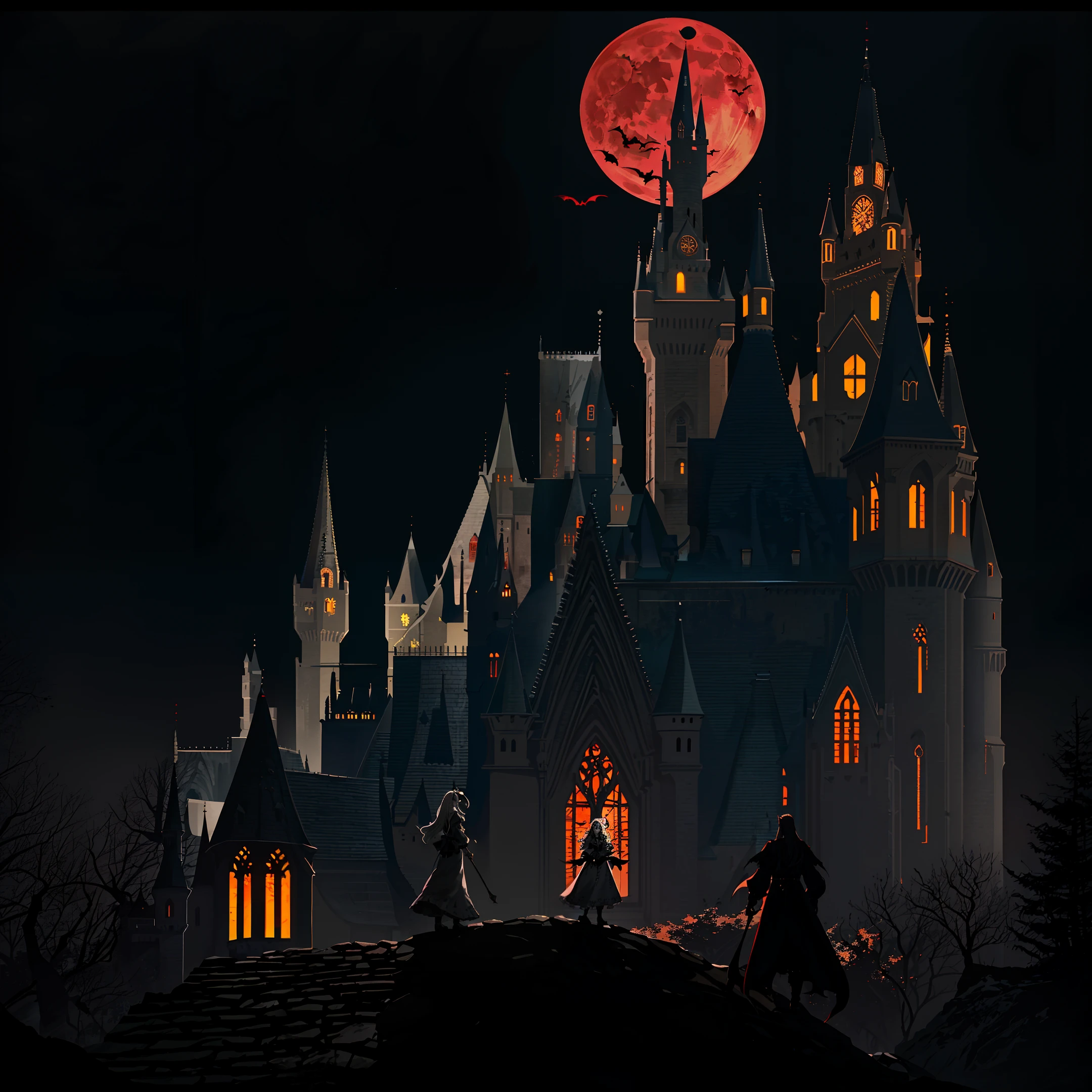 At night, a tall gothic castle is standing floating in mid air, blood moon shining light on castle, castlevania, dracula's castle, highly detailed, bats flying around, very visible castle features, rich architecture
