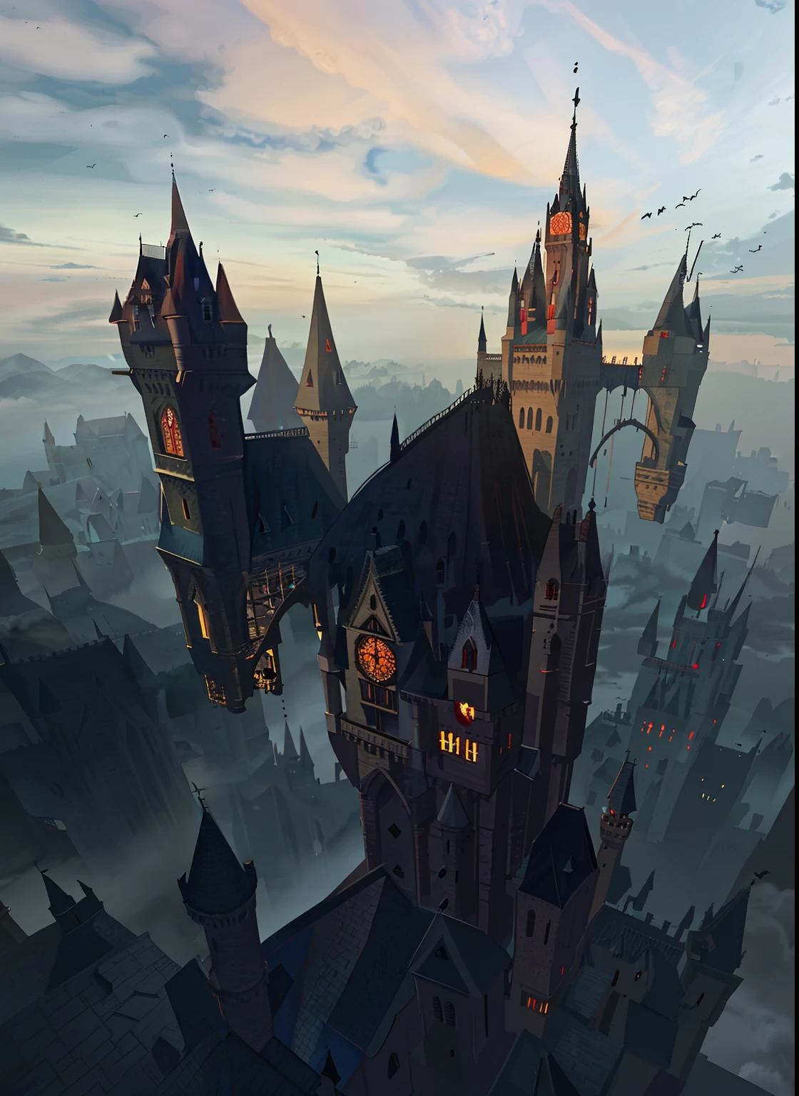 At dusk, a tall gothic castle is standing floating in mid air, blood moon shining light on castle, castlevania, dracula's castle, highly detailed, bats flying around, very visible castle features, rich architecture