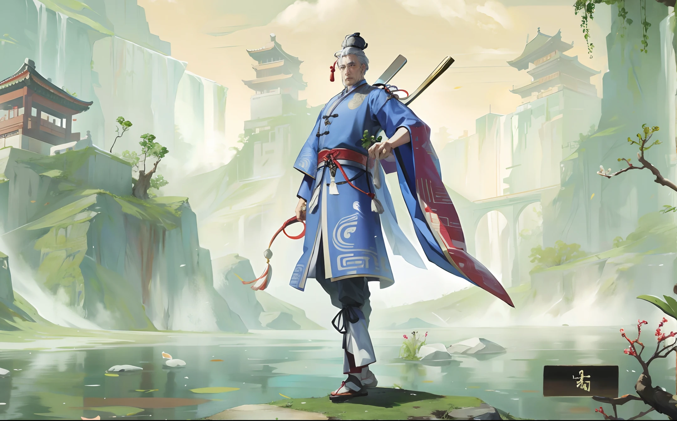 Ancient Chinese mature men with white hair and luxurious clothes