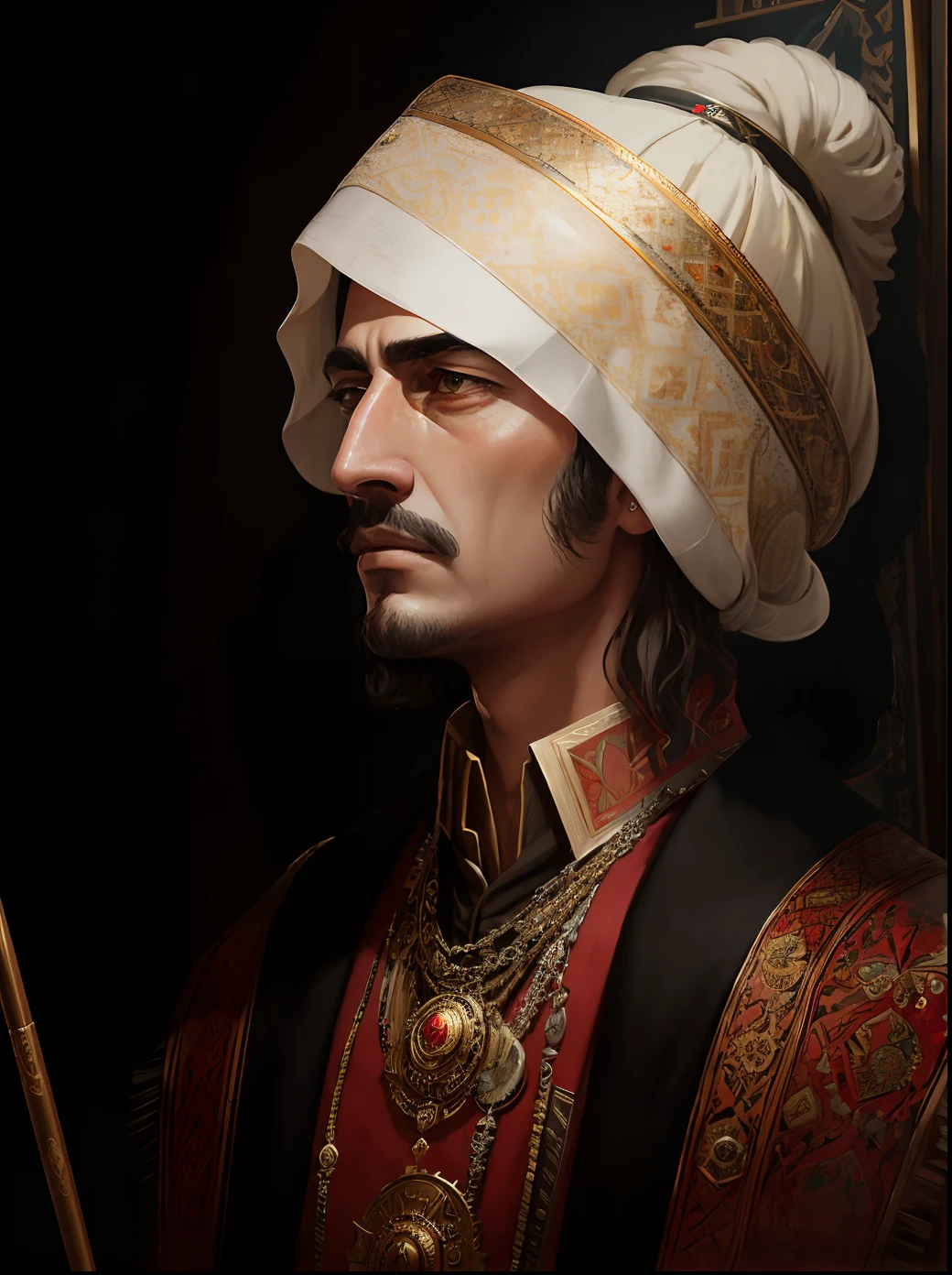 "Masterpiece, best quality, ultra-detailed CG unity 8k wallpaper, featuring a magnificent portrait of Ottoman Sultan, in the style of Ed Blinkey, Atey Ghailan, and the grand oil paintings from Studio Ghibli. Channeling the trends from top artists, including Jeremy Mann, Greg Manchess, and Antonio Moro on ArtStation and CGSociety, this piece is complex, highly detailed, sharp, dramatic, and realistically rendered."