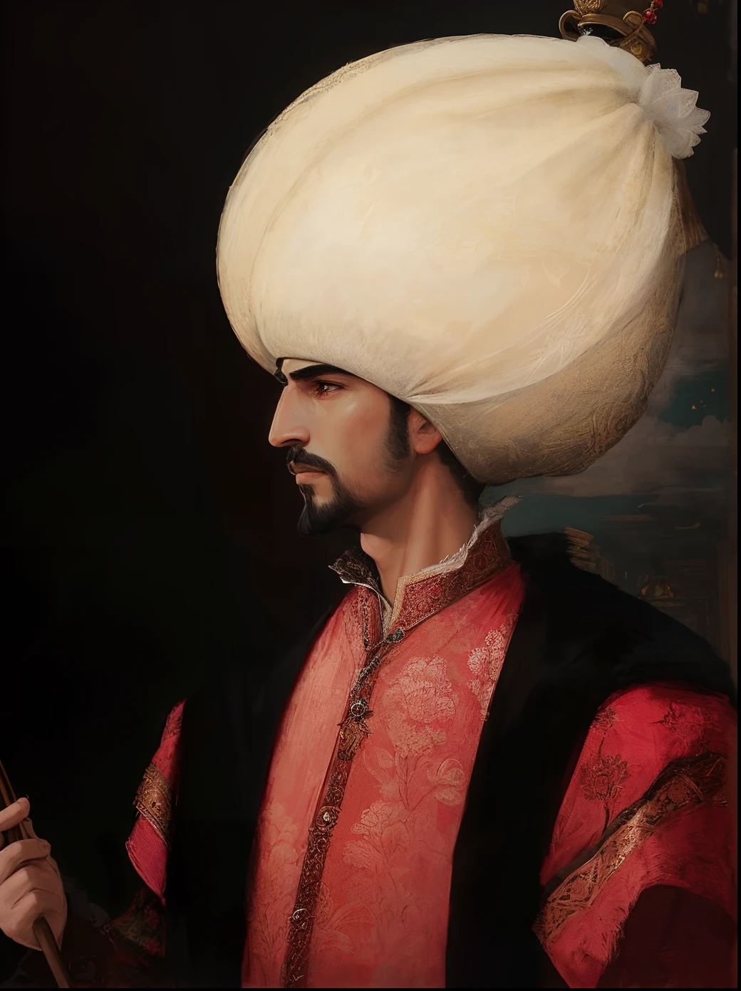 "Masterpiece, best quality, ultra-detailed CG Unity 8k wallpaper featuring magnificent portraits of Ottoman Sultans in the style of Ed Blinkey, Atey Ghailan and magnificent oil paintings from Studio Ghibli. Channels include Jeremy Trending from top artists like Mann, Greg Manchess and Antonio Moro on ArtStation and CGSociety, this piece is complex, detailed, sharp, dramatic and realistically presented."