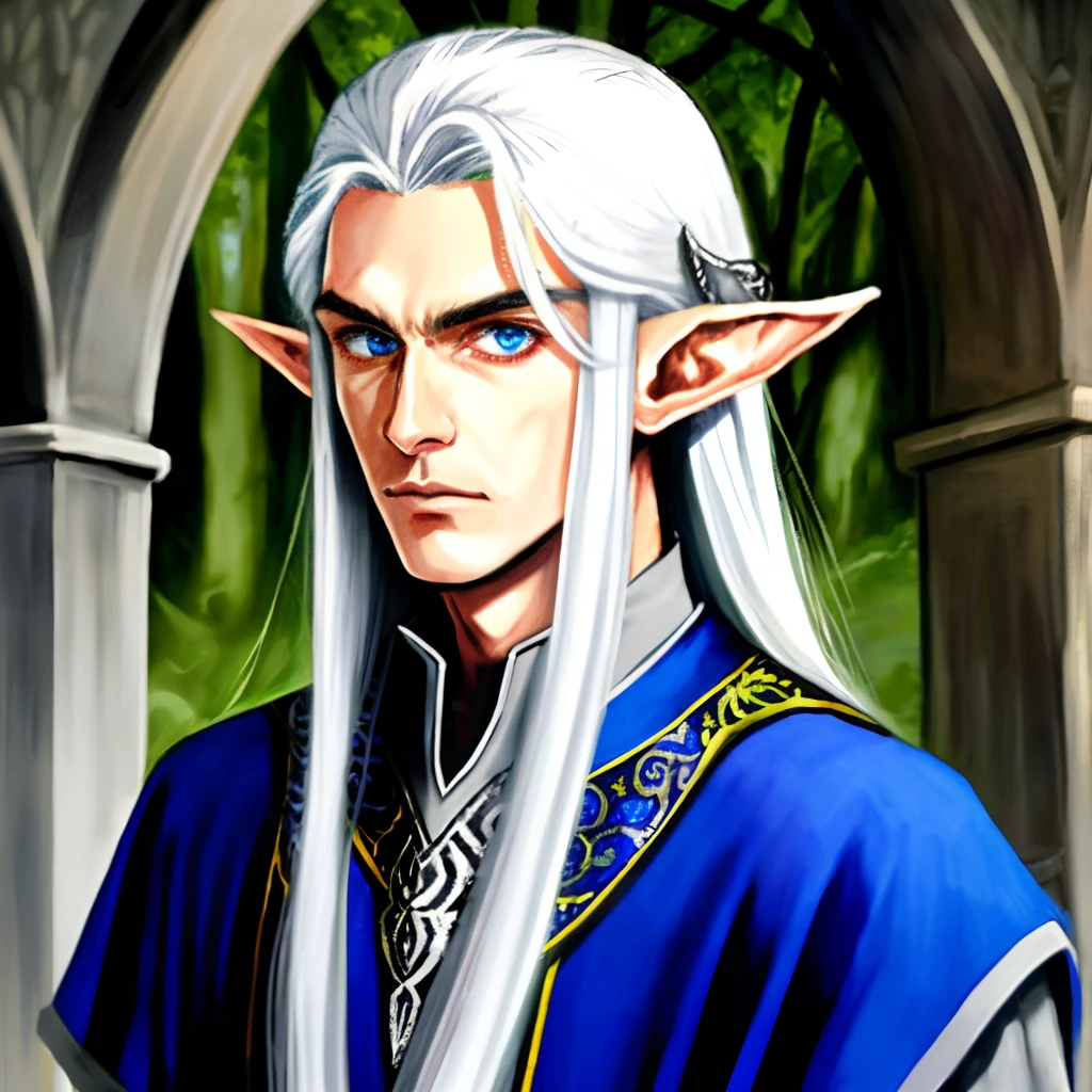 elf, silver hair, male, mage, long hair, thin, no beard