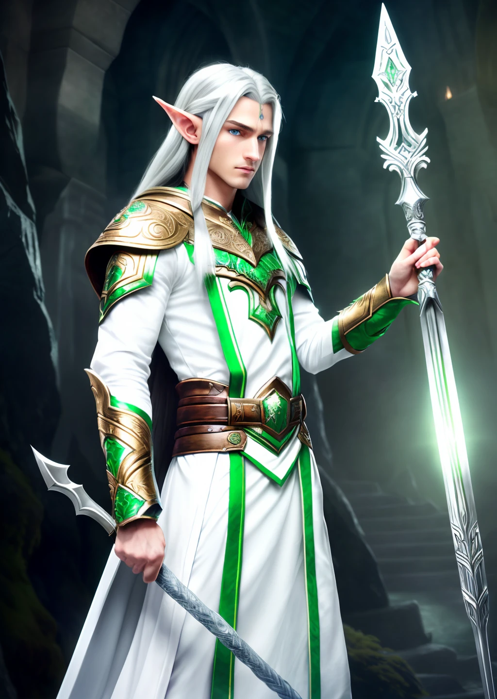 (ultra-detailed, high-resolution, thrilling) male elf, (angular, long hair, silver), (green eyes: 1.2 | blue eyes), wearing (white elf robes), holding a staff, elegant gloomy face , elegant style