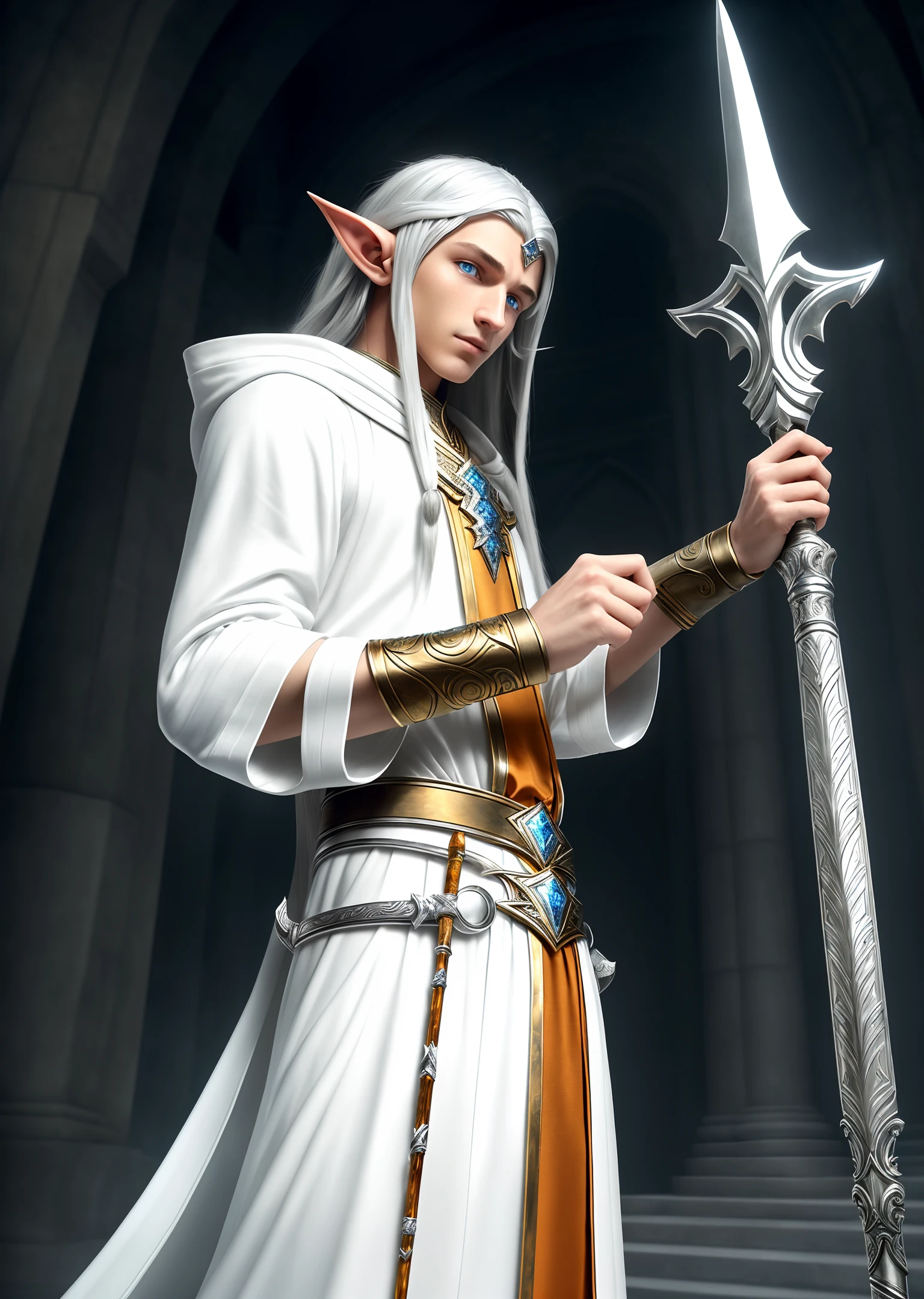 (ultra-detailed, high-resolution, thrilling) male elf, (angular, long hair, silver), (amber pupils), wearing (white, blue elf robes), holding a staff in one hand, , sullen face, elegant style