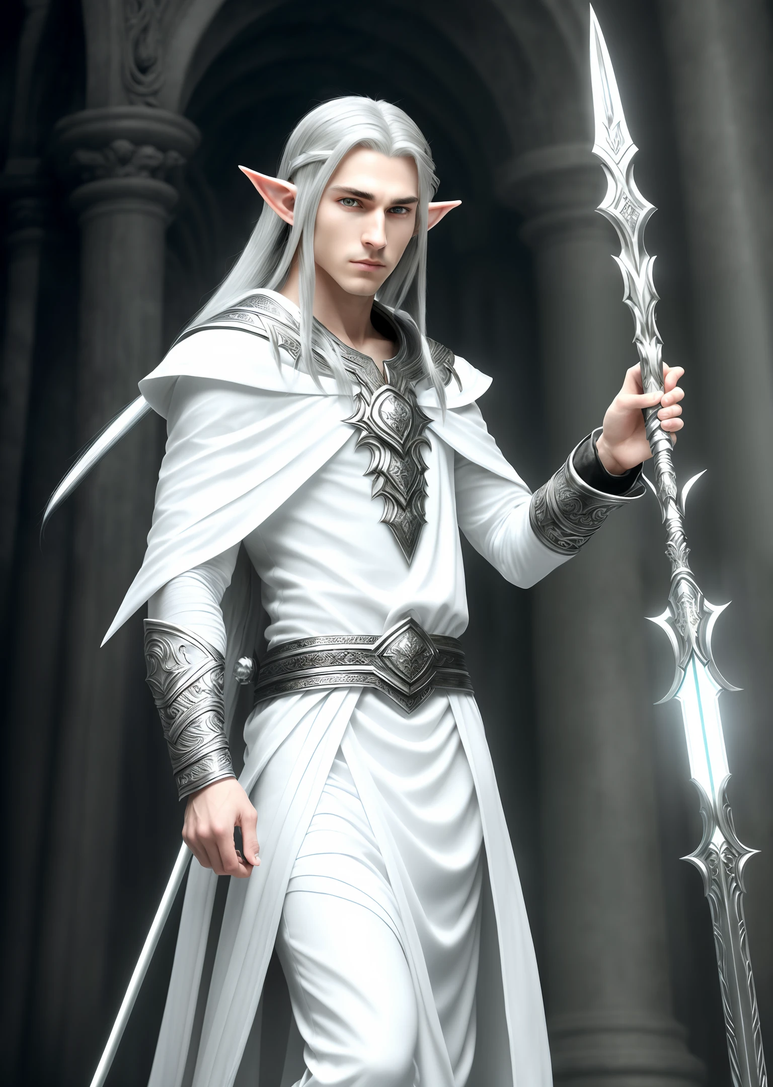 (ultra-detailed, high-resolution, thrilling) male elf, (sharp, long hair, silver), (black pupils), wearing (pure white elf robe), holding a staff, casting illusion in the other hand, gloomy face, elegant style, handsome face, skinny