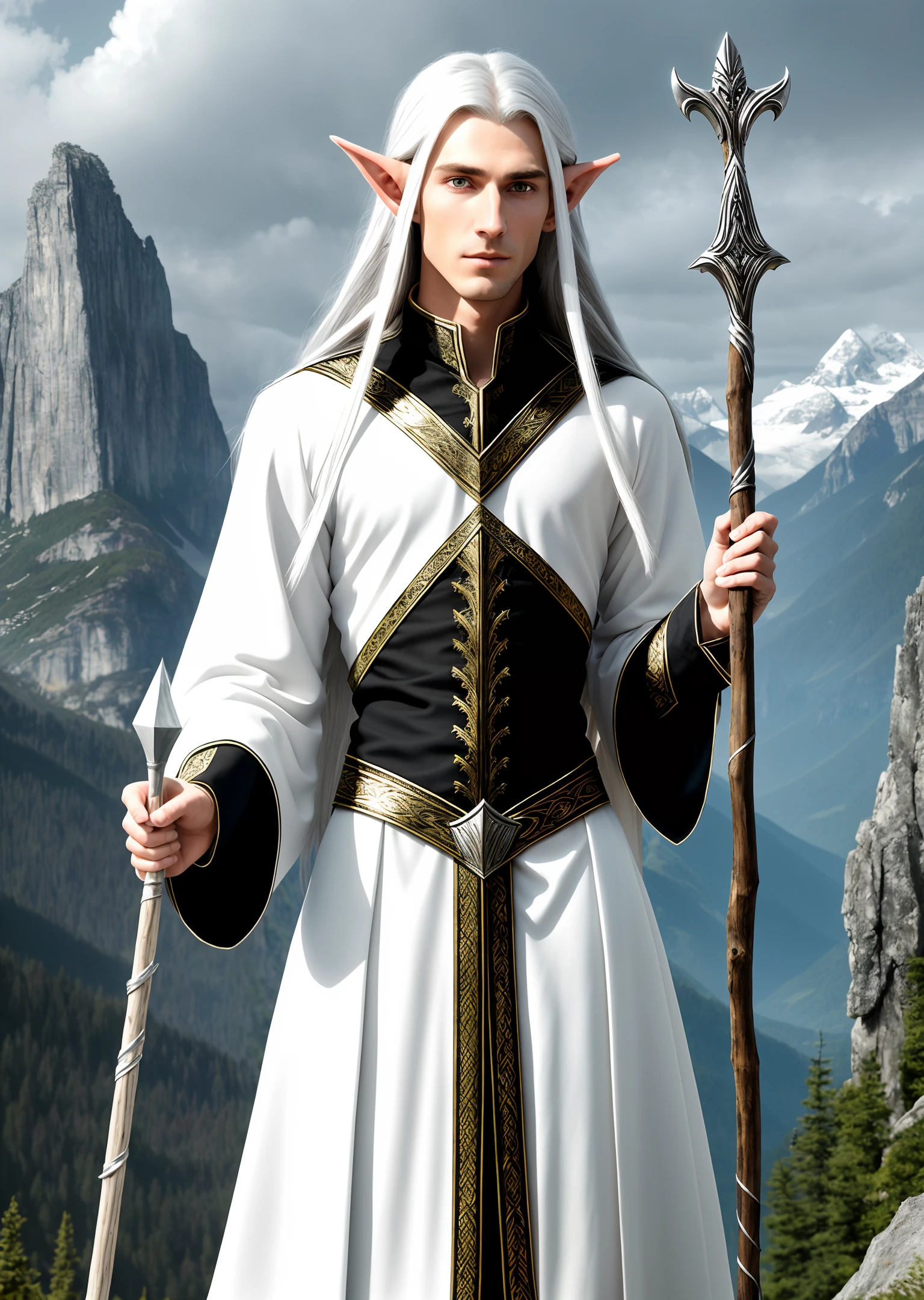 Ultra-detailed high-definition thrilling male elf, sharp silver long hair, black pupils, dressed in pure white elf robes, holding a long wooden staff in one hand to cast spells. His face was gloomy and elegant, with the deep mountains in the background, and it was a pretty and skinny woman's face.