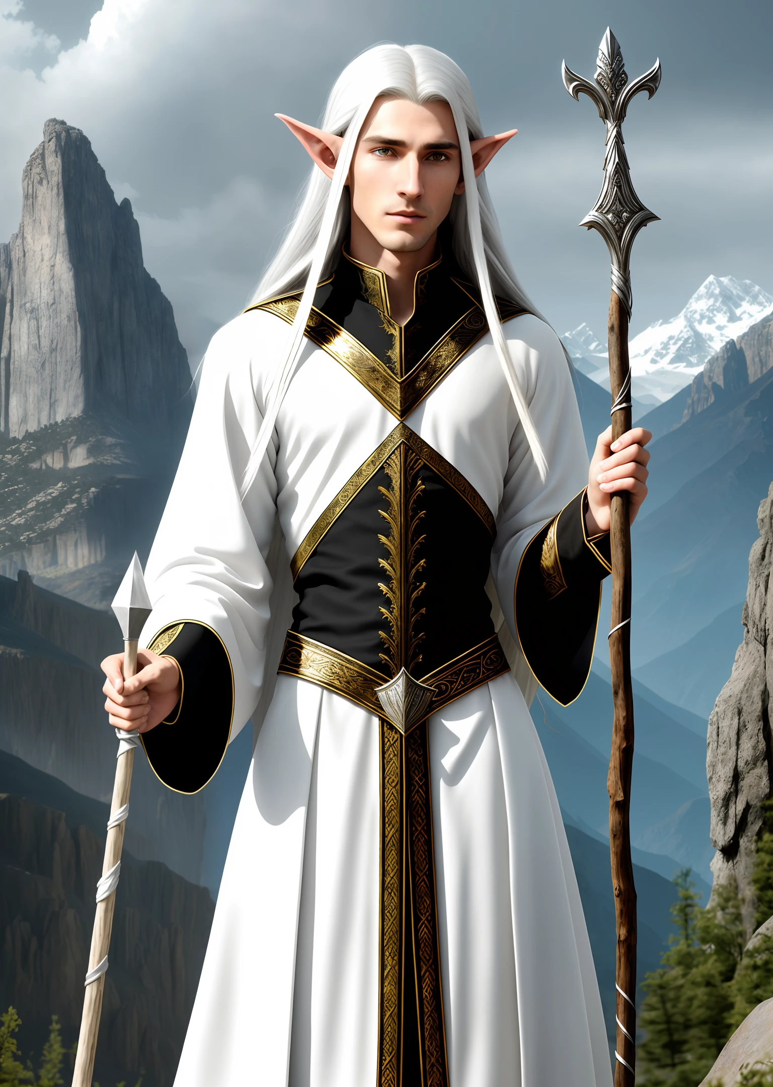 Ultra-detailed high-definition thrilling young male elf, sharp silver long hair, black pupils, dressed in a pure white elf robe, holding a long wooden staff in one hand to cast spells. His face is gloomy and elegant. He is leading a camel in the desert, and he is a pretty face of a scrawny woman.