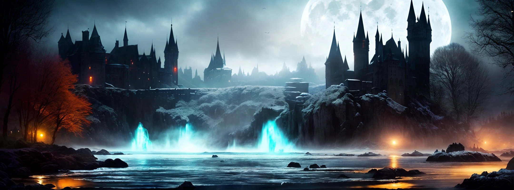 masterpiece, best quality, high quality, extremely detailed, night sky, dark sky, no humans, castle, gothic, mountain, landscape, water, tree, blood moon, waterfall, cliff, nature, lake, river, Depth of Field, HDR, bloom,Photorealistic,extremely detailed, Intricate, High Detail, dramatic, castlevania, bats flying around castle, gloomy, scary, vampire, full moon, no sun