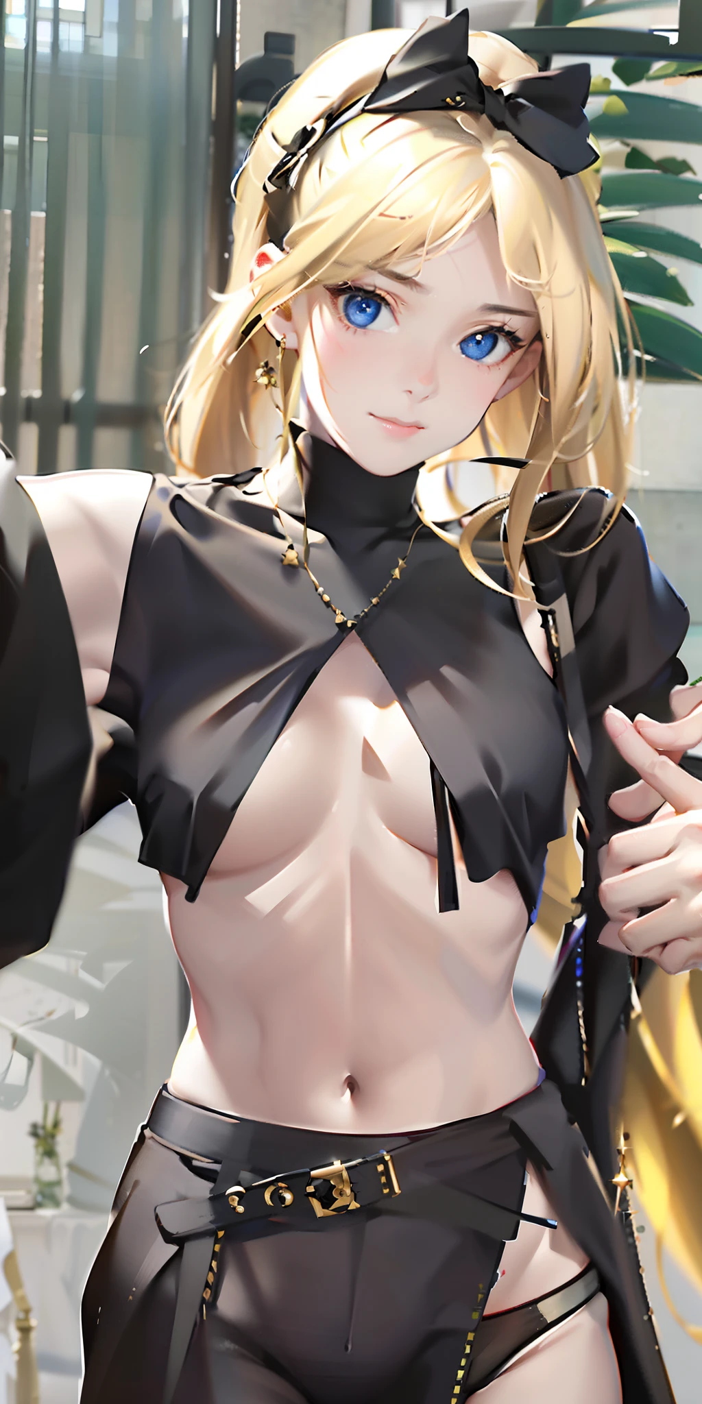 NSFW, (realism: 1.4), (masterpiece, sidelighting, finely detailed beautiful eyes: 1.2), masterpiece*portrait, realistic, 3d face, glowing eyes, shiny hair, loss skin, solo, embarrassed, (midriff), black underwear , blonde nipple