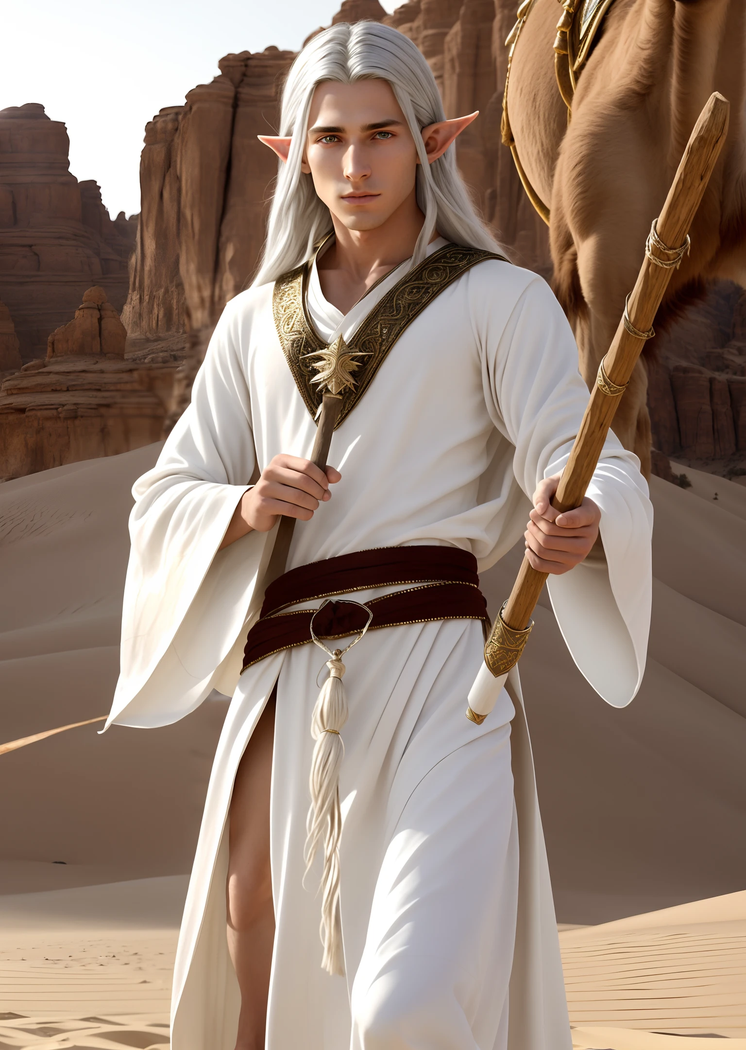 Ultra-detailed high-definition thrilling young male elf, sharp silver long hair, black pupils, dressed in a pure white elf robe, holding a long wooden staff in one hand to cast spells. His face was sombre and graceful. He was leading a camel in the desert, and he had the pretty face of a scrawny woman.