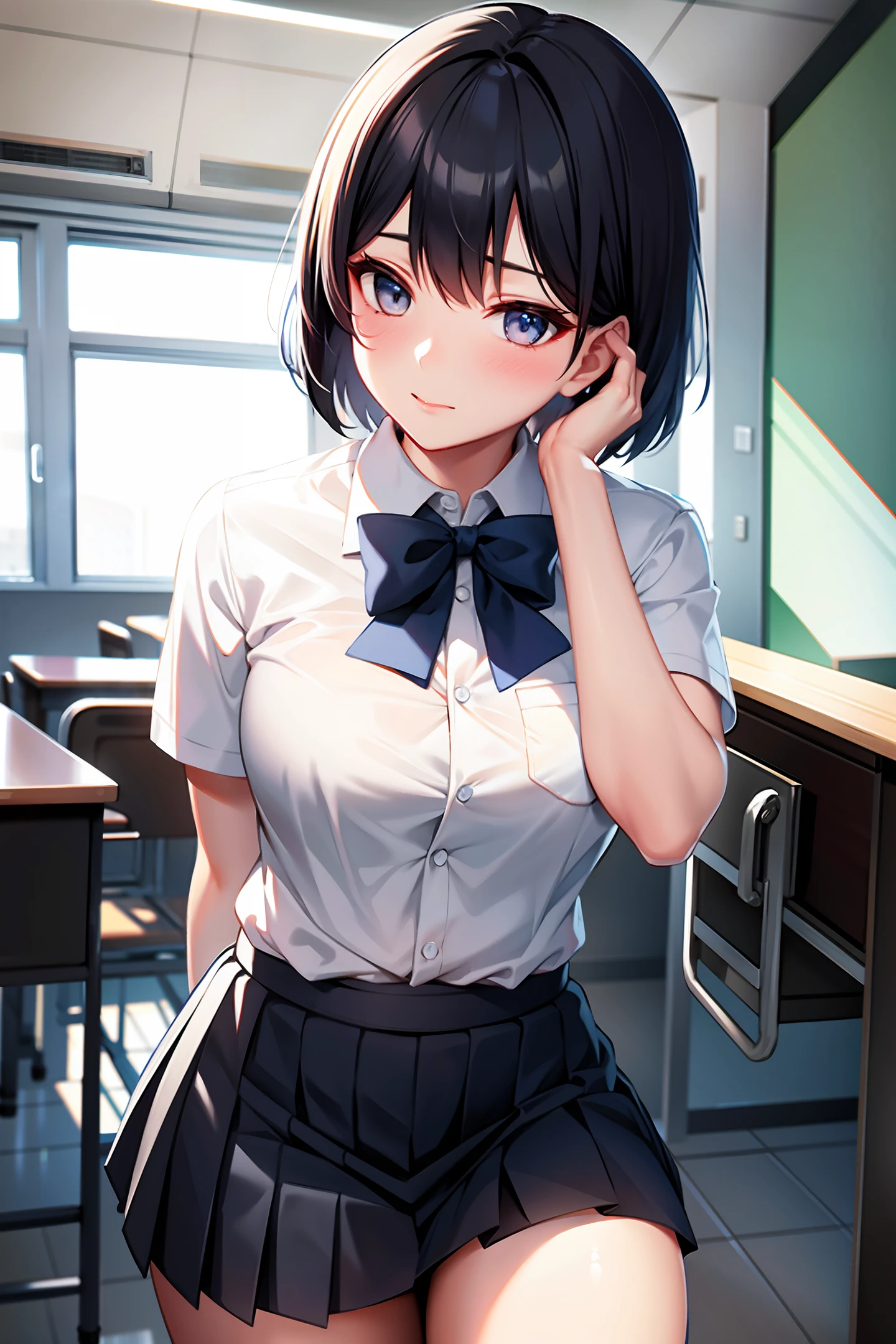 White high school uniform shirt, blue bow tie, short hair and phoenix eyes, black pleated skirt, black stockings, classroom