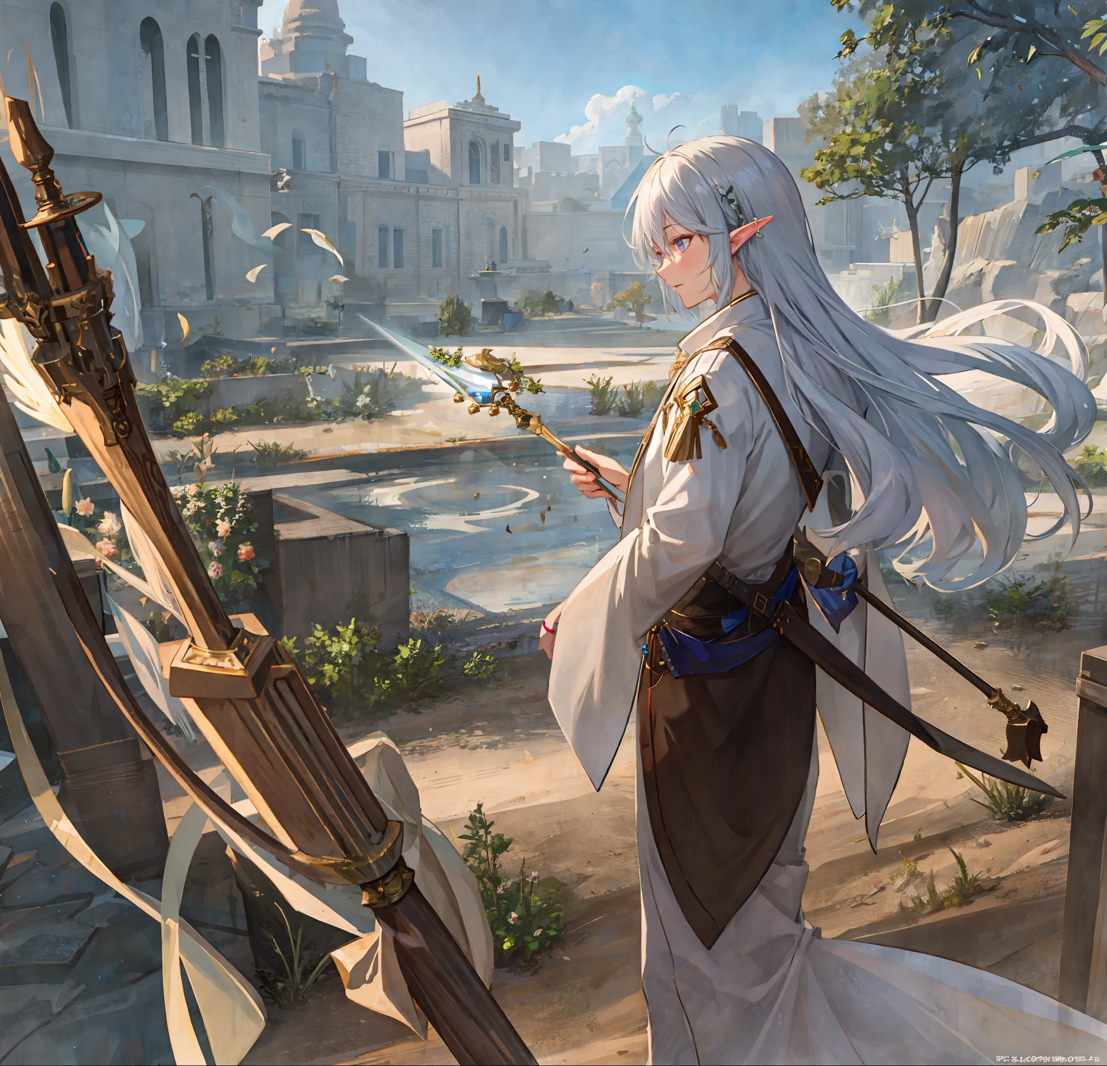 Exquisite, high-quality, and ultra-detailed CG illustrations, a male elf magician with a calm expression, long silver-white hair fluttering gently in the desert breeze, wearing a white robe, holding a wooden staff,