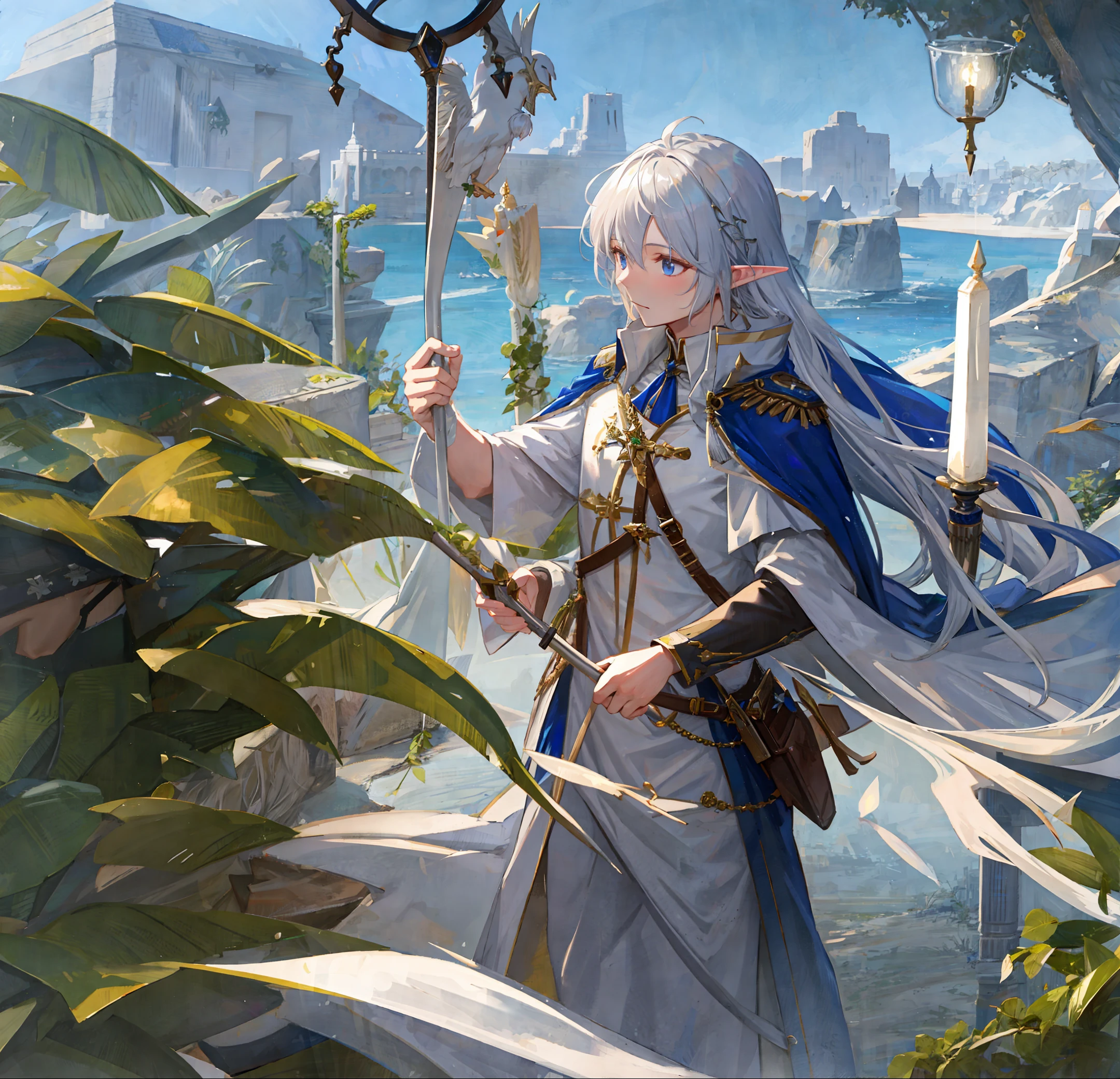 Exquisite, high-quality, and ultra-detailed CG illustrations, a male elf magician with a calm expression, long silver-white hair fluttering gently in the desert breeze, wearing a white robe, holding a wooden staff,