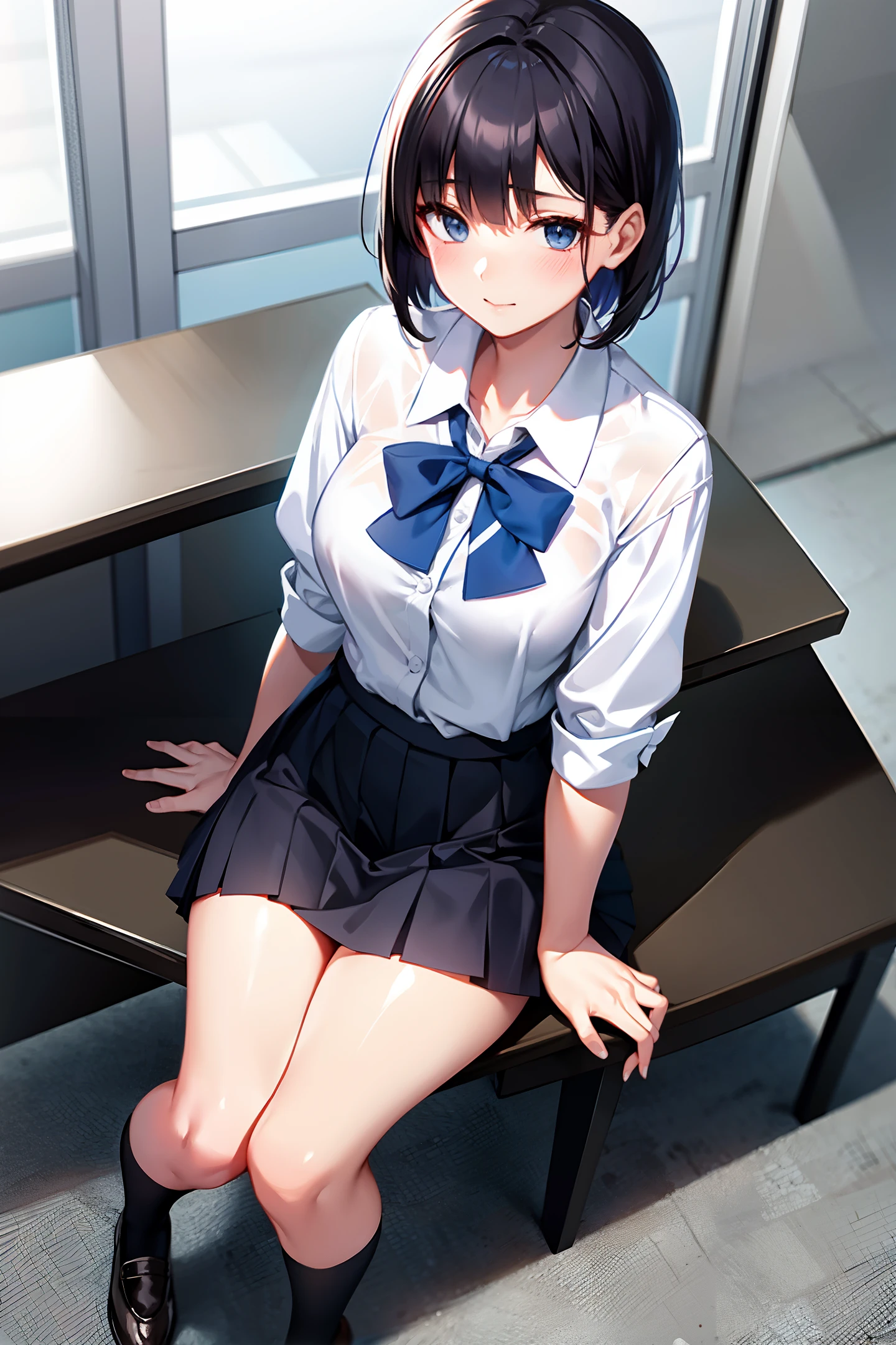 White high school uniform shirt, blue striped bow tie, short black hair, water hyacinth, black pleated skirt, black stockings, classroom, full body,