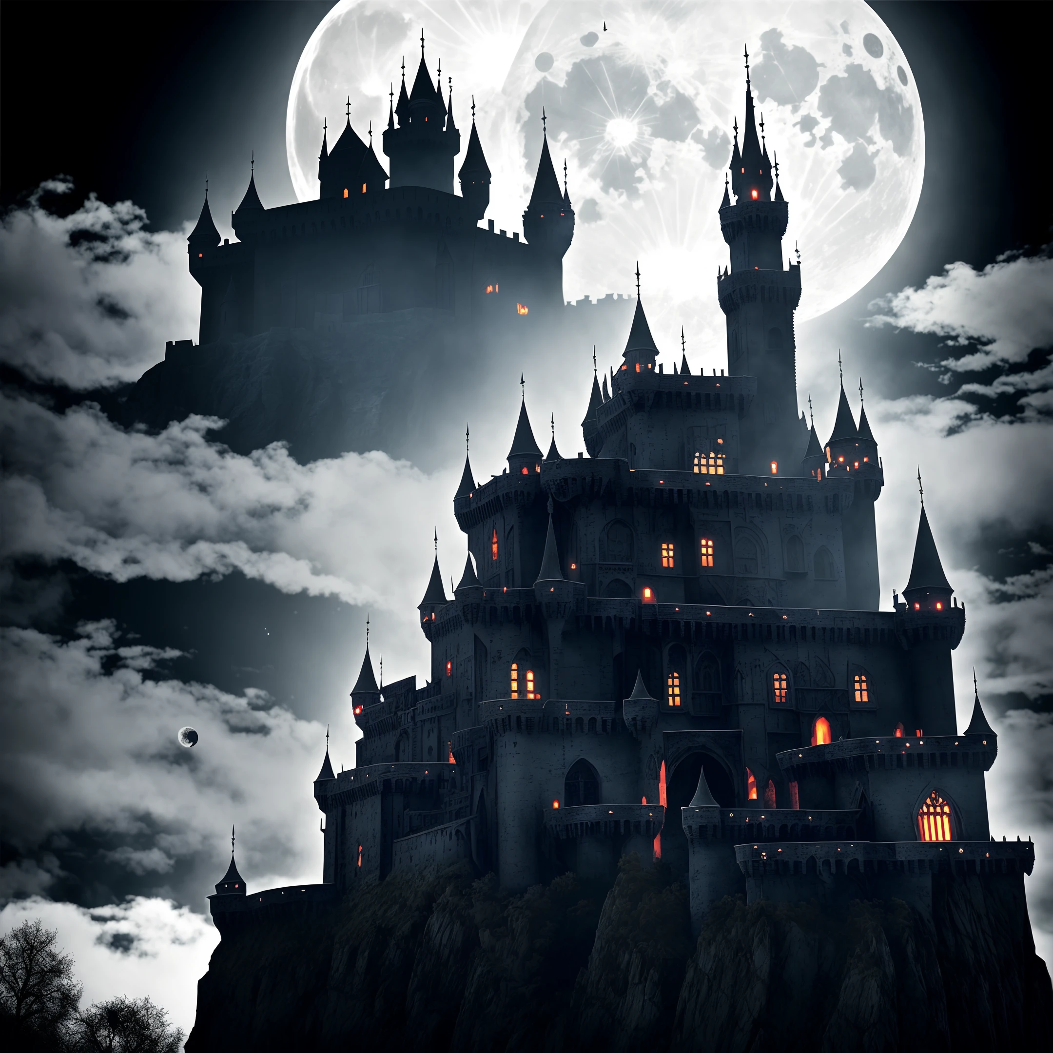 front right side view, closeup, castle floating in the air, dracula, the bats, bloody moon, vampire lair horror, castlevania, creepy atmosphere HDR, hyperrealictic, ((intricate details)), ((intricate details, hyperdetailed)), cinematic, volumetric lighting, highres, only the castle, vampire, no human, gloomy, dark, evil