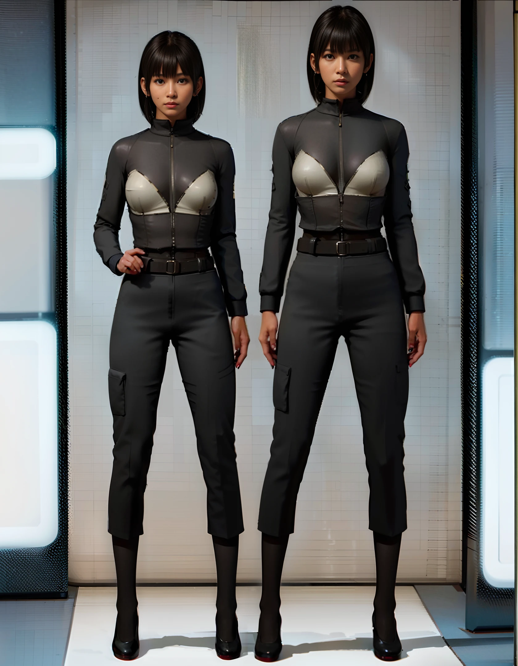 Ultra-realistic and ultra-detailed 8k RAW photos, realistic cyberpunk elements, best image quality, ultra-high resolution, detailed mechanical body, long black hair, white workplace suit skirt, big breasts, seductive female man,