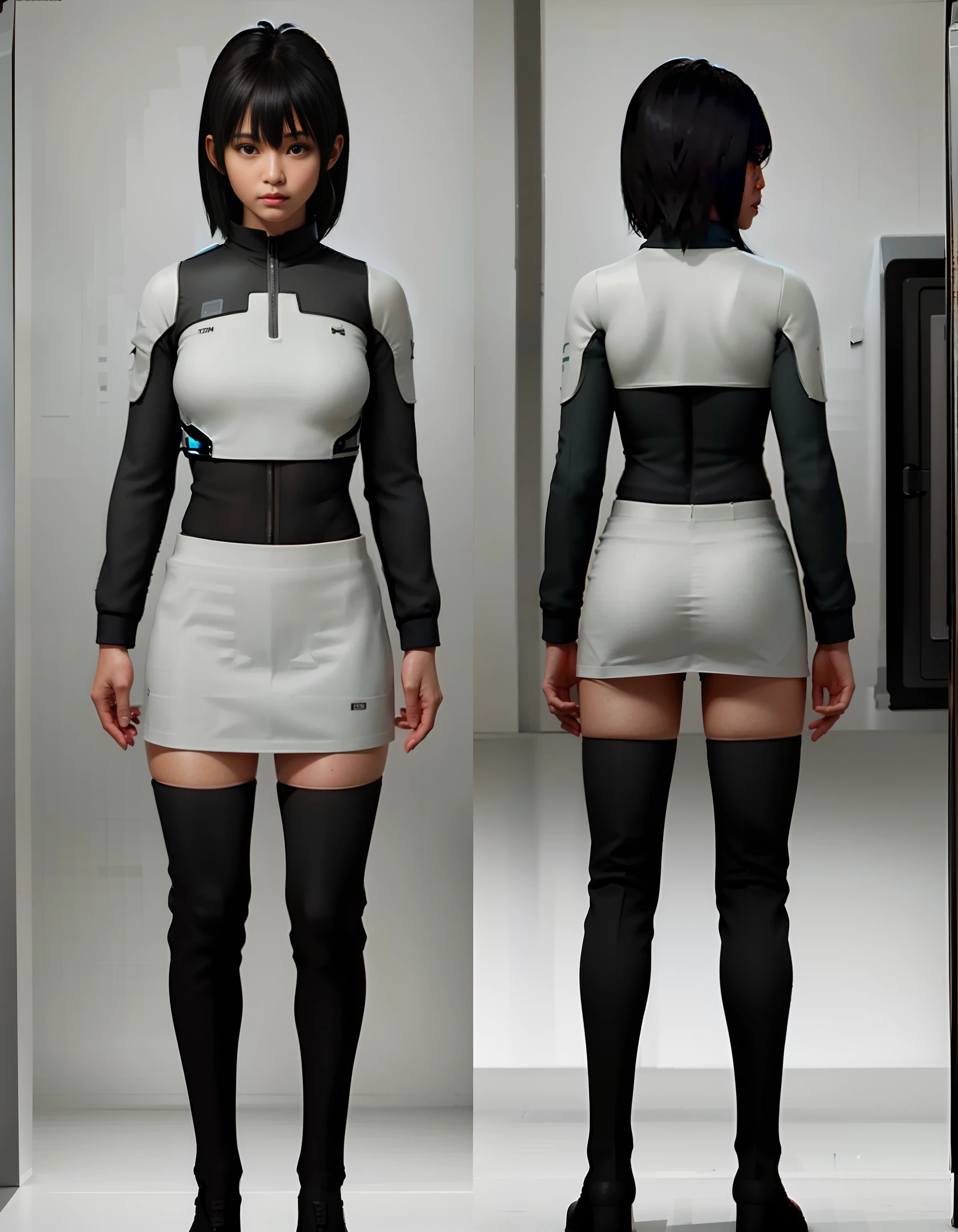 Ultra-realistic and ultra-detailed 8k RAW photos, realistic cyberpunk elements, best image quality, ultra-high resolution, detailed mechanical body, long black hair, white workplace suit skirt, big breasts, seductive female man,