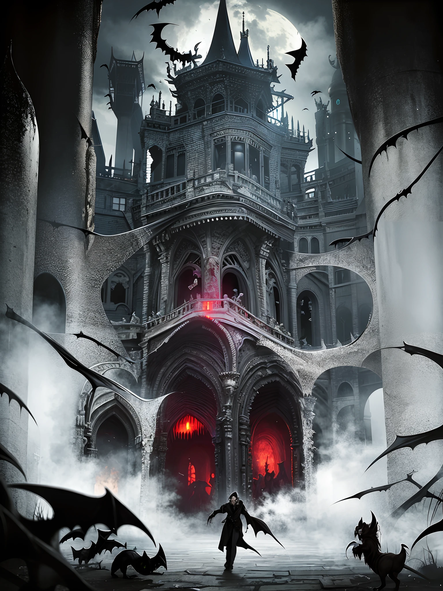 front right side view, dark old vampire in blindfold, the bats, vampire lair horror, creepy atmosphere HDR, hyperrealictic, ((intricate details)), ((intricate details, hyperdetailed)), cinematic, volumetric lighting