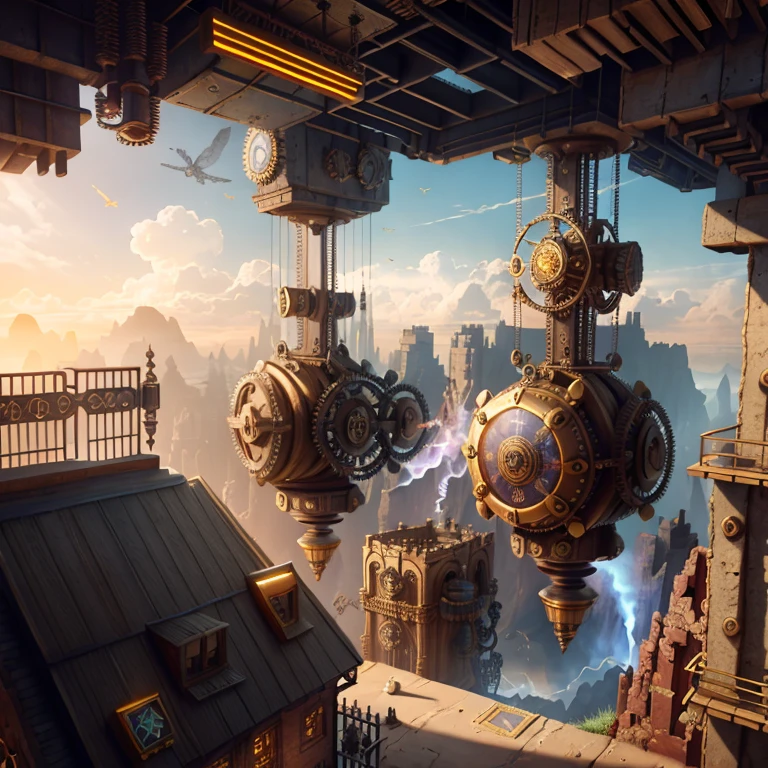 Steampunk, Dungeon, Masterpiece, 8K, HDR, Gears, Megacity, Underworld, Brass, Dim Lighting, Real Lighting, (Pendant Lights), Multi-layered, Stereoscopic, Grand